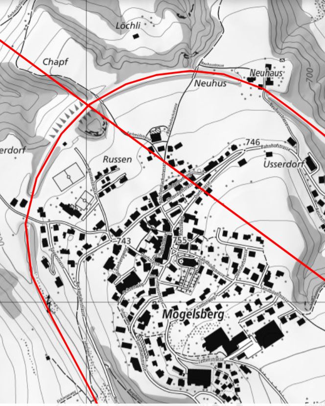 THE LINE through Mogelsberg, intersecting with Robert Walser's walk towards Lichtensteig. 