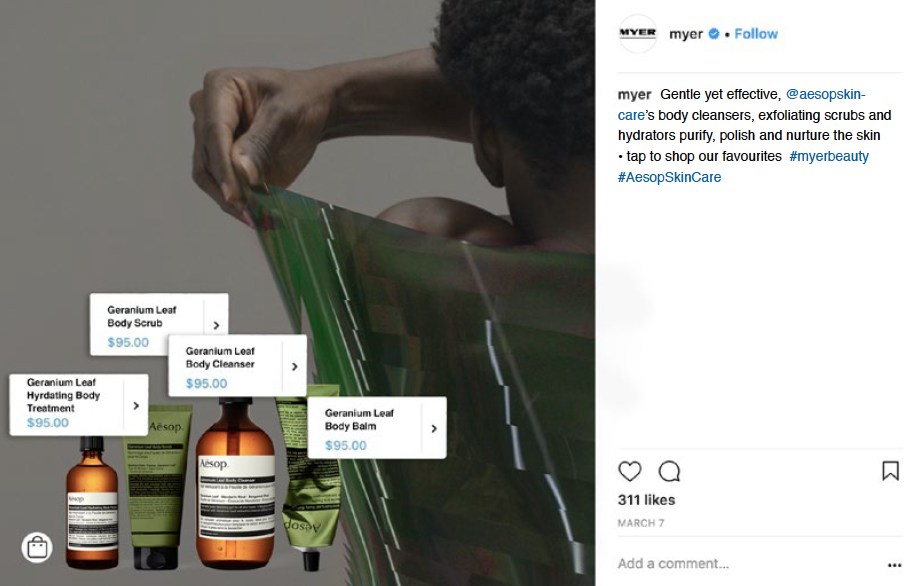 Facebook ad highlighting Aesop's Geranium Leaf Body Care Care.