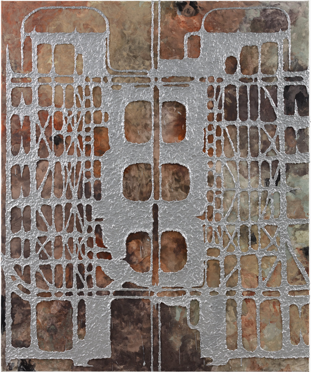 Synthetic Terrain, 2025, acrylic, aluminium powder, marble powder, pigment on linen, 180x150x5cm