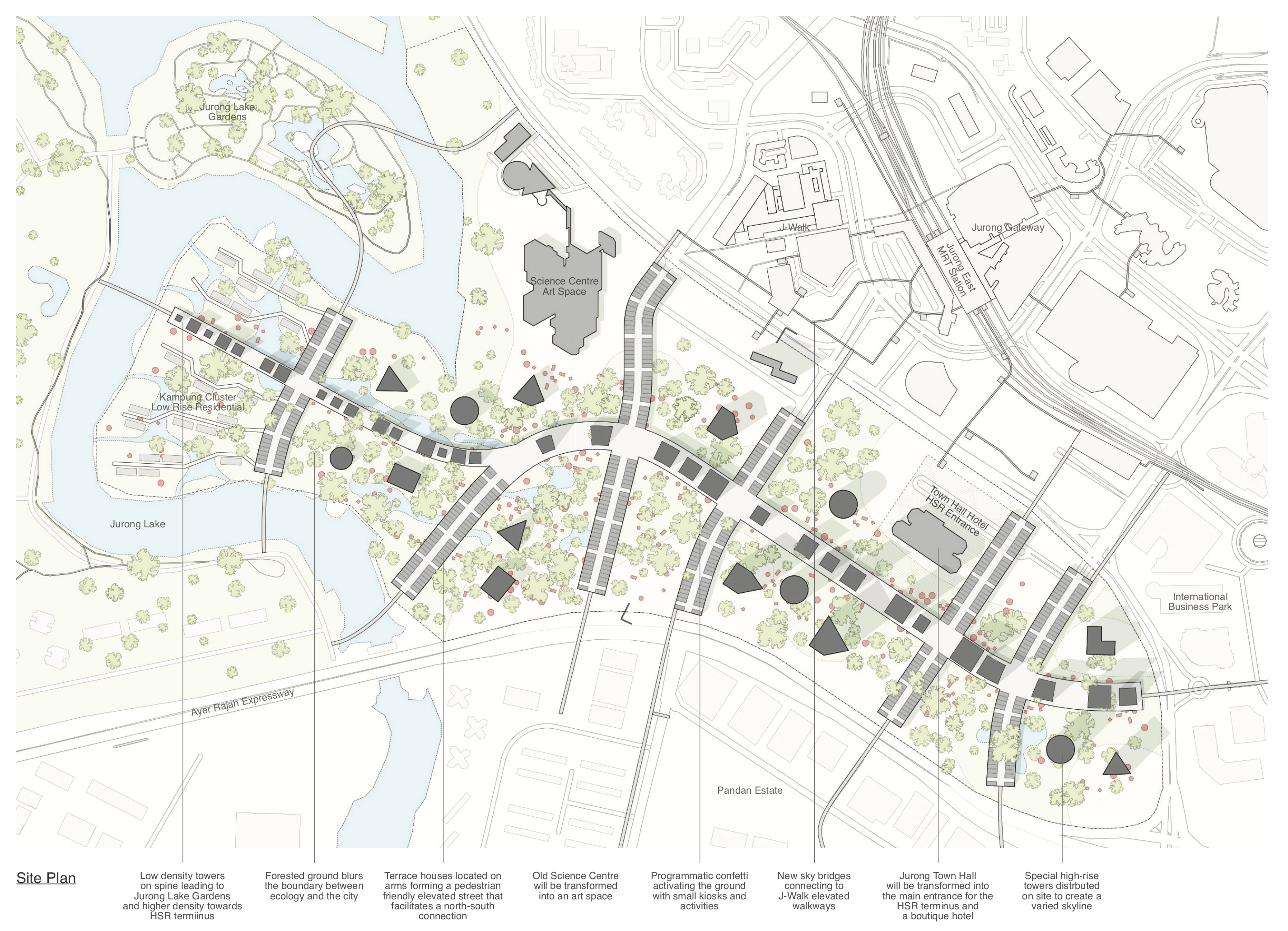 Jurong Lake District | Dispersing an assortment of object-islands connected at various levels