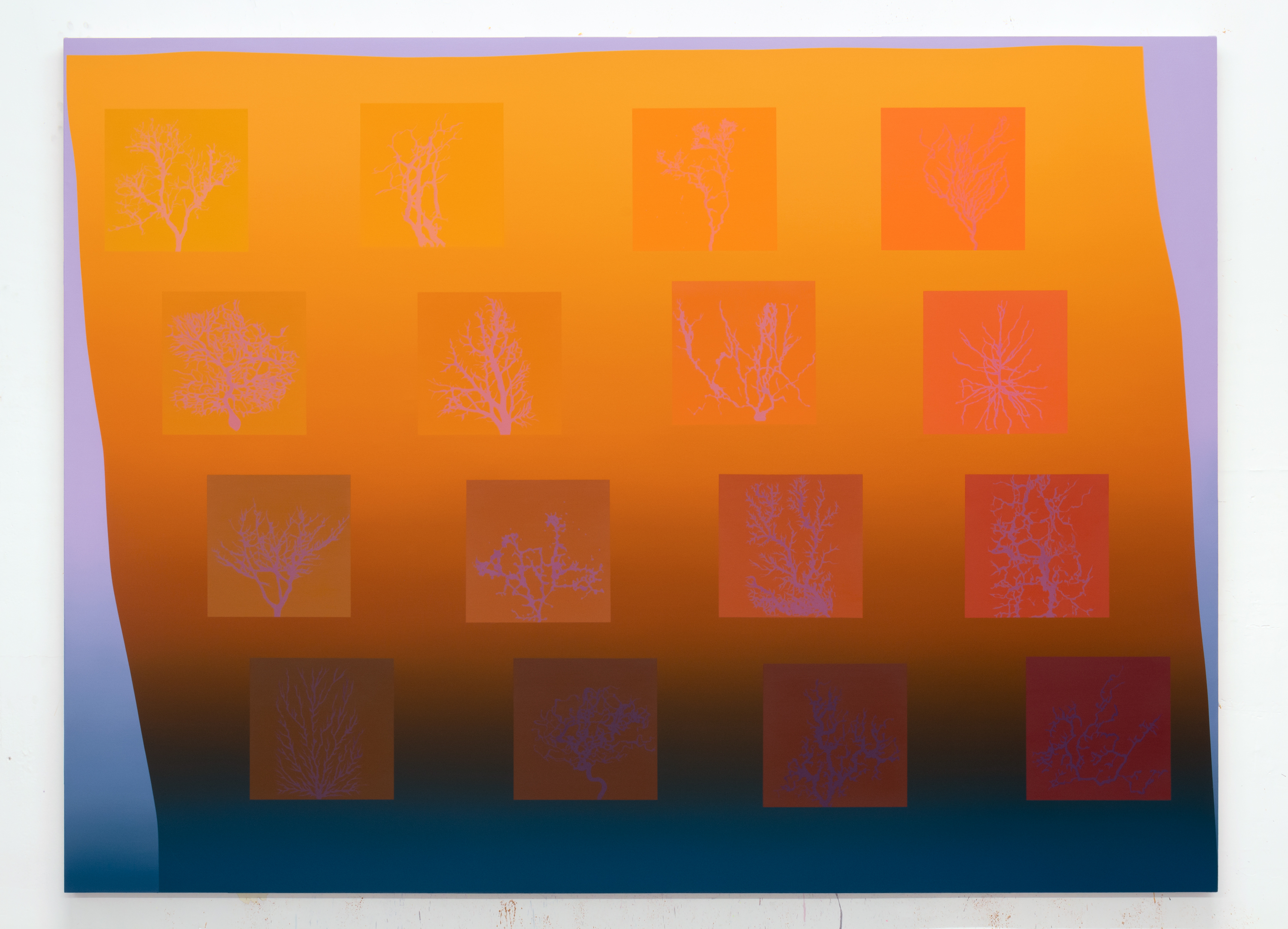 Sketches of Scale (Tree; Oil and gas pipeline from Russia to Europe; Branching fungus; Ancient river network on Mars; Purkinje Cell; Lung vascular system; Lightening; Neuron; Root system; Slime mold; Geological drainage pattern; Marble; Lichtenberg figure; Brain vascular system; Greenland rivers under ice; Vancouver Sewer map). 2023. Oil and acrylic on canvas / Huile et acrylique sur toile. 72" x 96" (183 x 244cm)