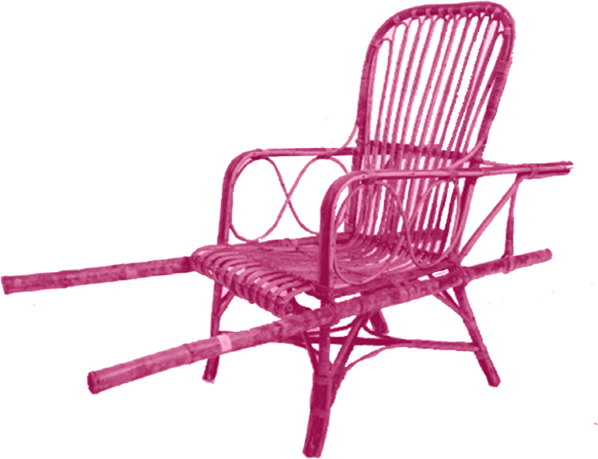 A magenta rattan chair with attached poles under the seat’s base that serve as lifting supports.