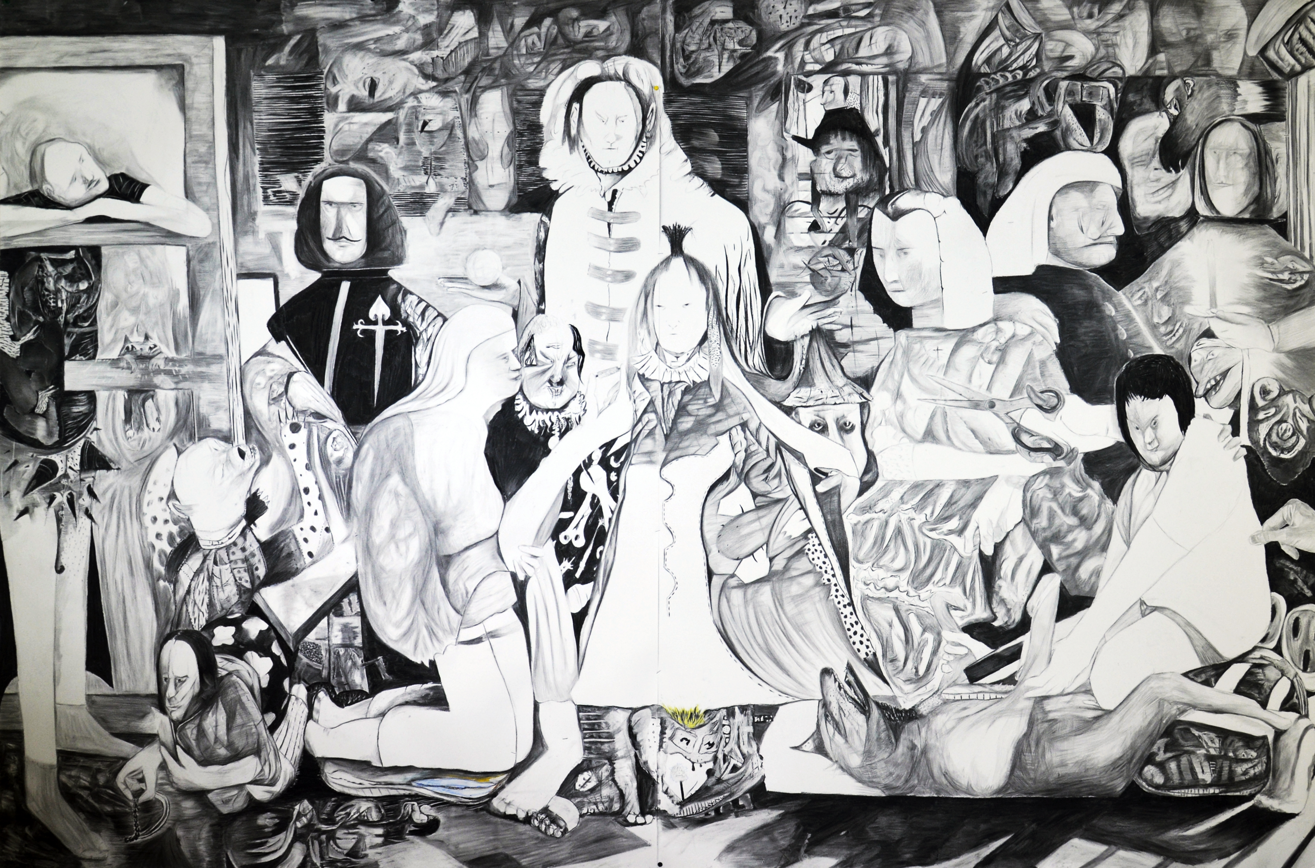 "Las Meninas", 2023. Charcoal on paper, 200 x 300 cm