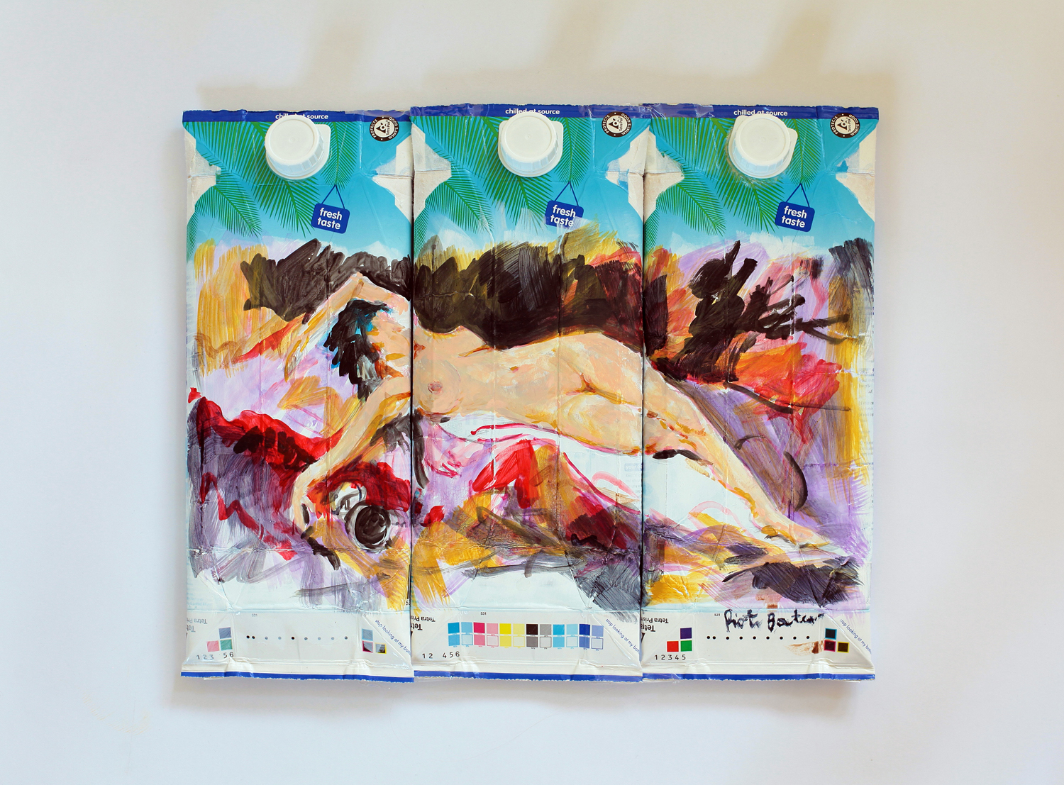 "Nude 160720151 ". Acrylic painting on Innocent coconut water carton, 2015, Approx. 30 x 37.5 x 4 cm / 11.8 x 14.8 x 1.6 inches