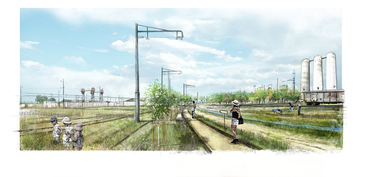 Perspective finale de paysage pour le Projet de Fin d'étude de Iris Chervet - "Caravansérail" Projet de requalification paysagère d'une friche ferroviaire - Master recherche - ENSAPVS - Février 2014 - Sous la direction de Alain Pelissier, Sylvie Salles et Rémi Lacau