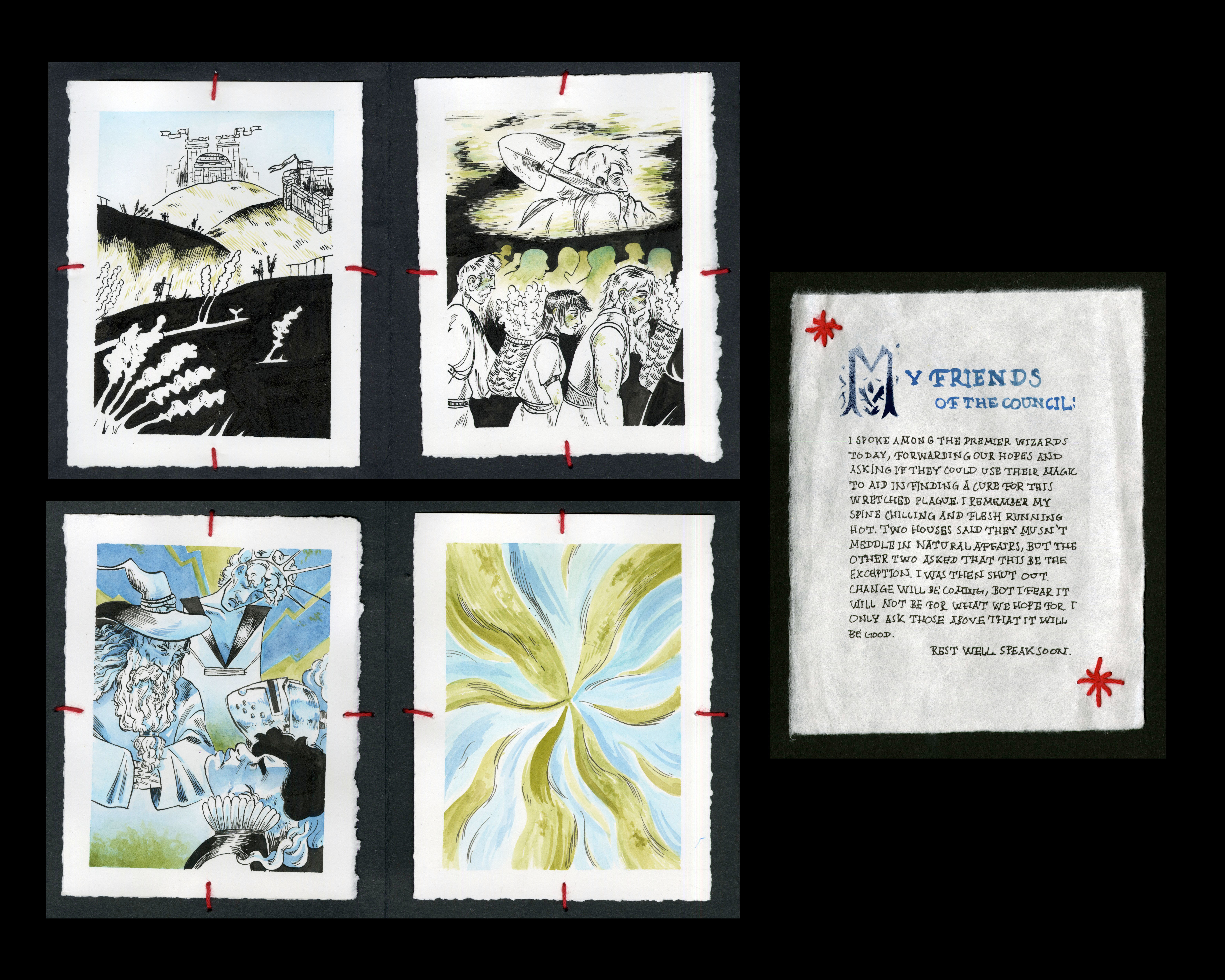 Selection of Spreads from the Accordion Book with ColophonPen and Ink with Watercolor, Yarn; Pages: 6x7 inches, Colophon: 6x7.75 inches; 2023