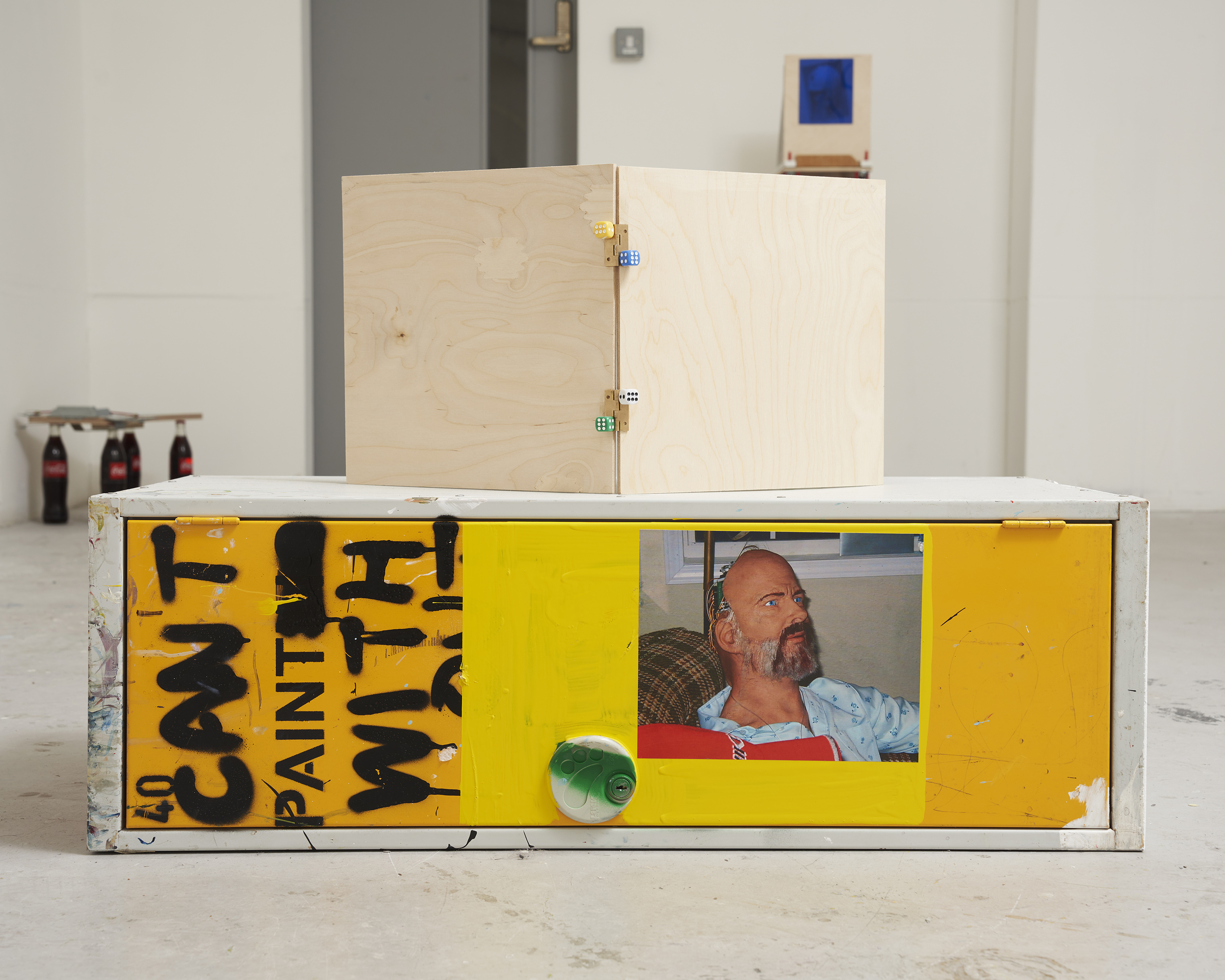 P.V.P / Reconnaissance report 1 & 2 (Totem to Philip K. Dick, J.G Ballard & Samuel Delaney), 2022. (Mixed media assemblage W/ photo-cut-outs, spray paint, aluminium, dice, & ply) (Back)