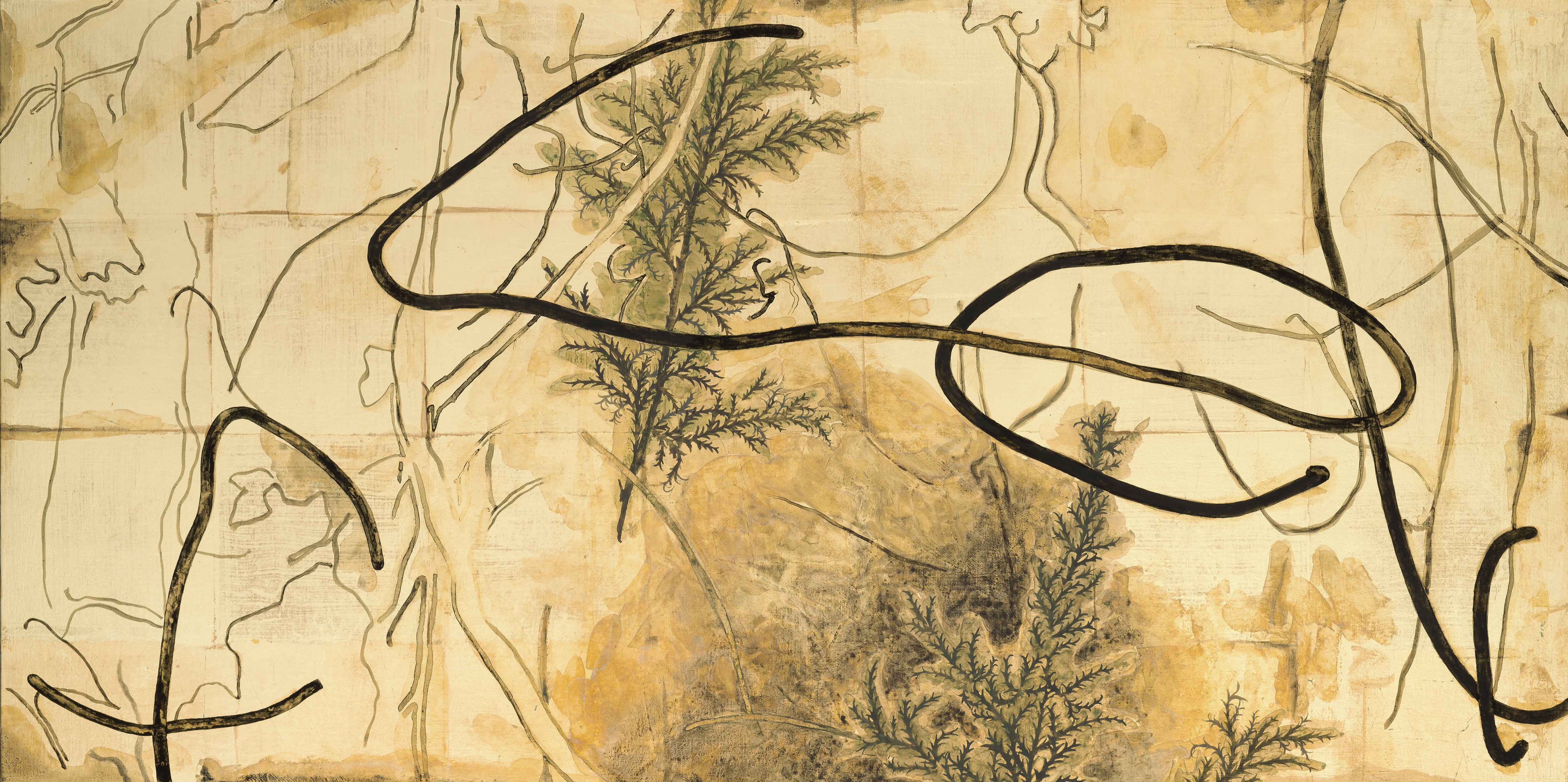 Chaos, 2019, mineral pigment, ink, metal foil on canvas, 45x90cm (17.7x35.4 in)