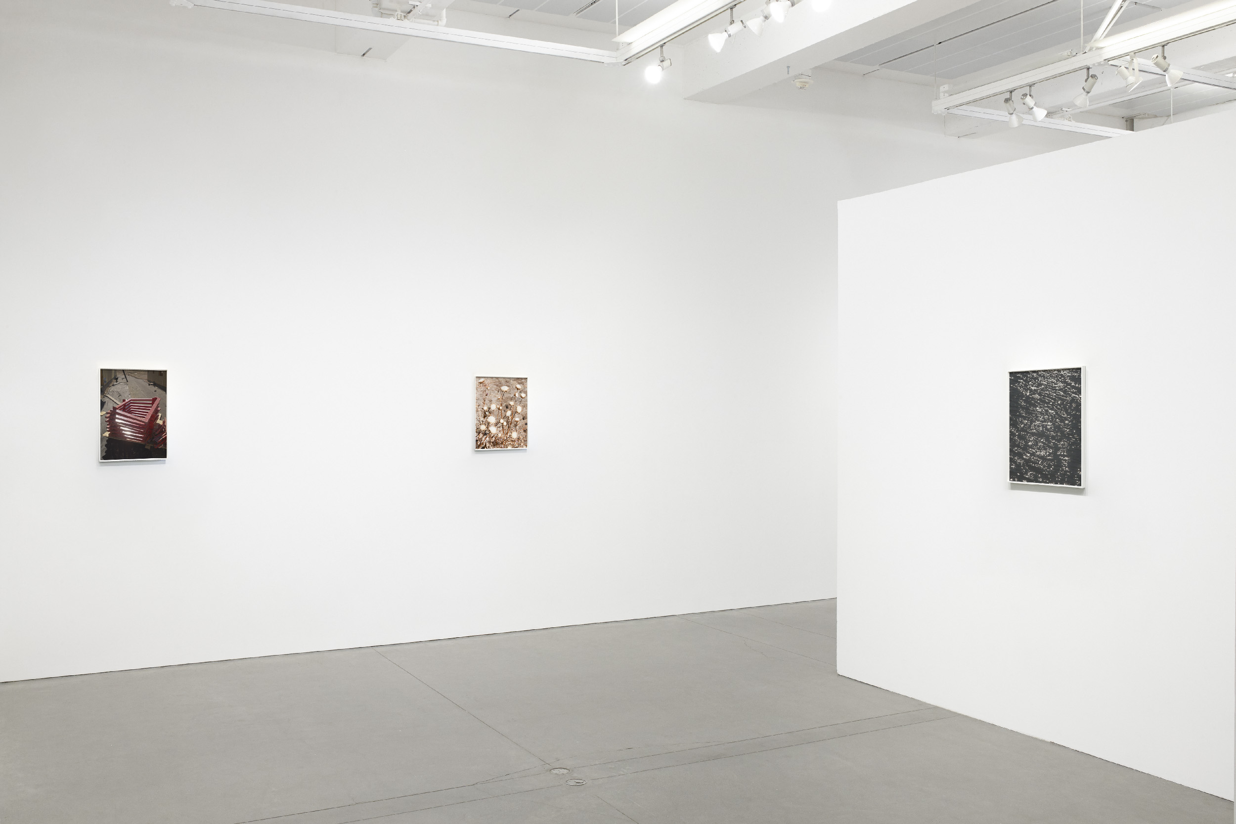 From left to right: (1) Scaffolding Kit, Tracy Hills, CA, 2022; (2) Burnt Vegetation, Corral Fire, Tracy Hills, 2024; (3) California Aqueduct, Tracy Hills, CA, 2022. Three 10x13.3" (25.4x33.7cm) chromogenic dye coupler prints mounted on dibond and framed, edition of 5. Series: Tracy Hills (2021-2024).