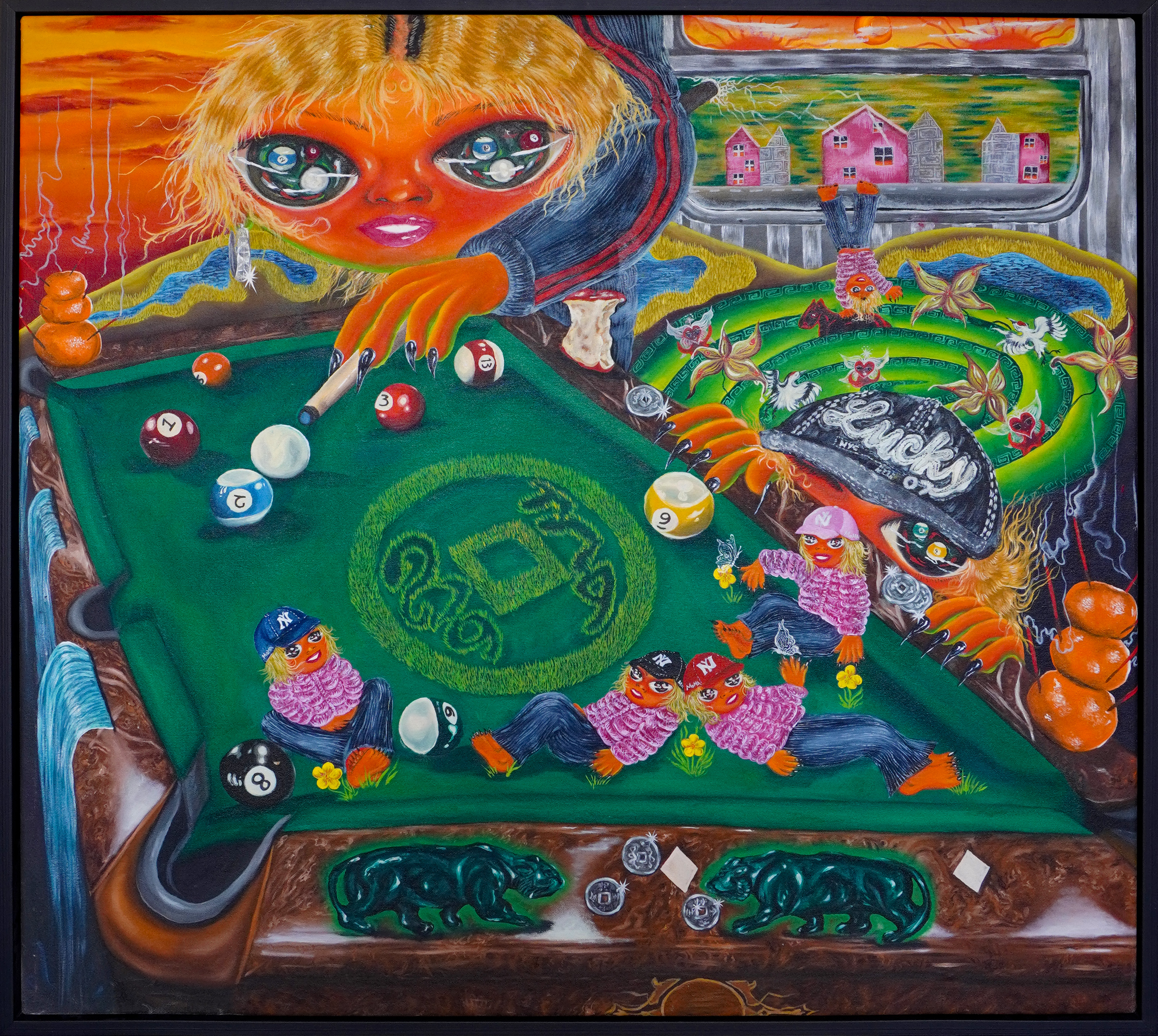 playing pool (2023), oil on canvas. 111 x 118 (framed). Photography Stanley Street Gallery
