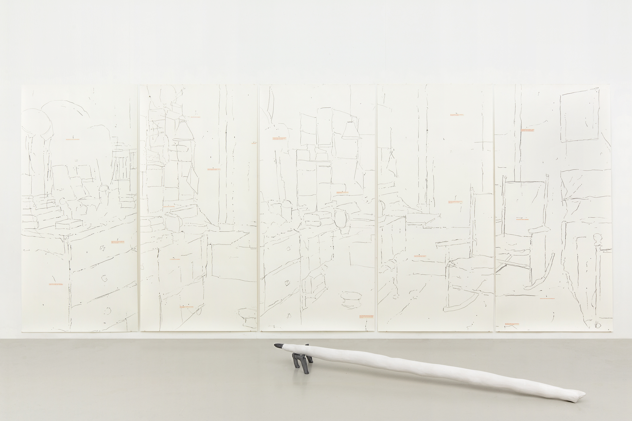 Things Fall Apart - only shadows enter my tent, 2018 Paper, typed on paper, graphite, plaster, metal 14 parts with object Each part 235 x 110 cm, object approx. 200 cm x 10 cm Ø