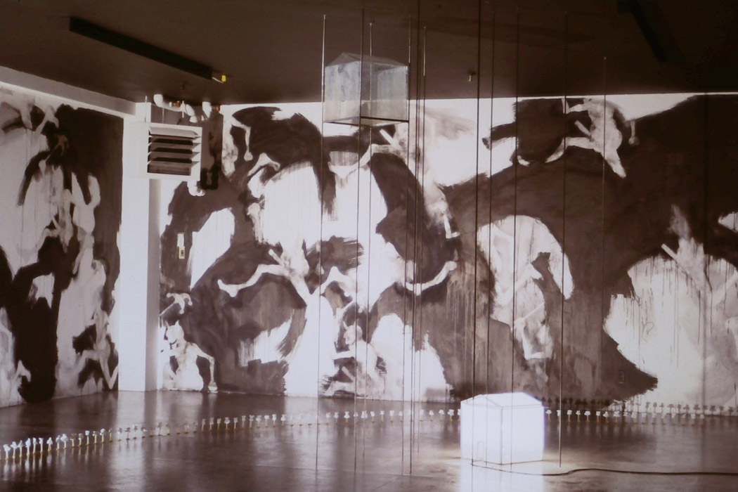 House in glade (installation view) muslin, electric motor, cardboard, wax, steel