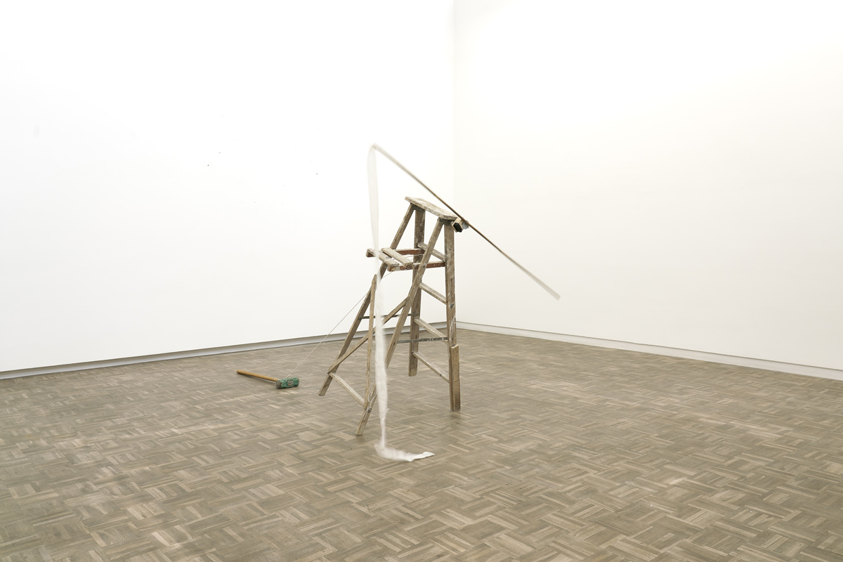 Jared Ginsburg, Ladder and white line (2012) | Bamboo, batting, ladder, motor, sledgehammer and string, Installation dimensions variable