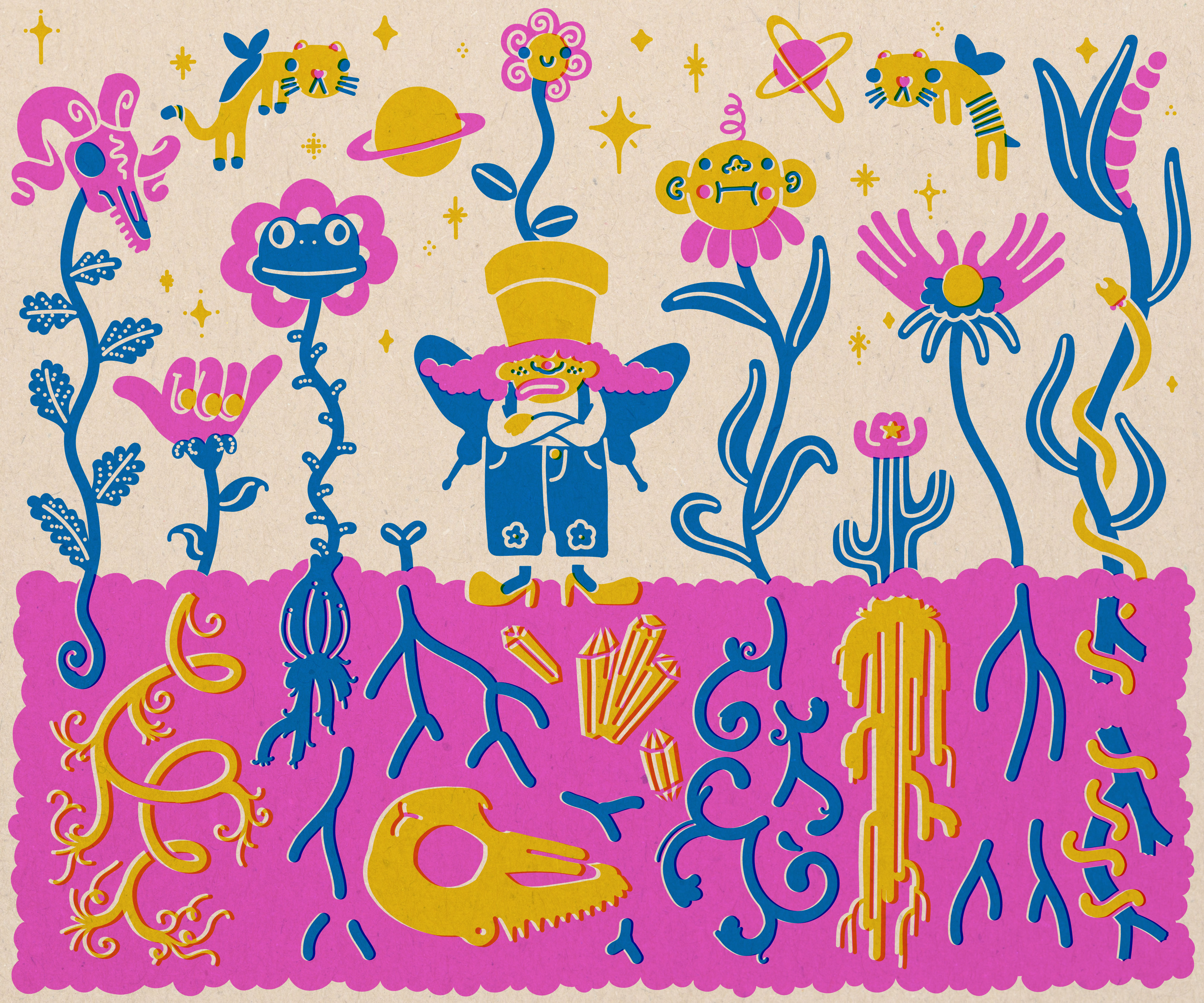 Fun illustration of fictional garden full of quirky friends.