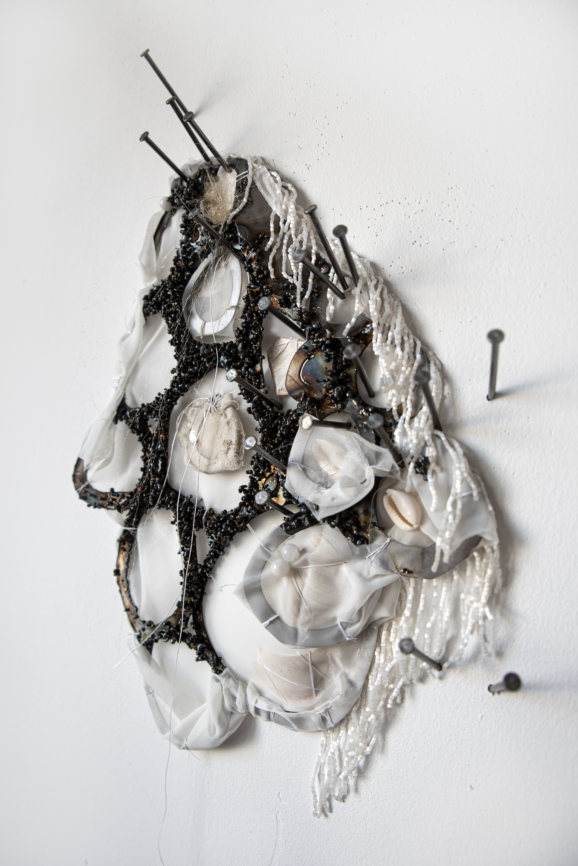 Cella Remains, Steel, Silk, Nails, Beads, 2023