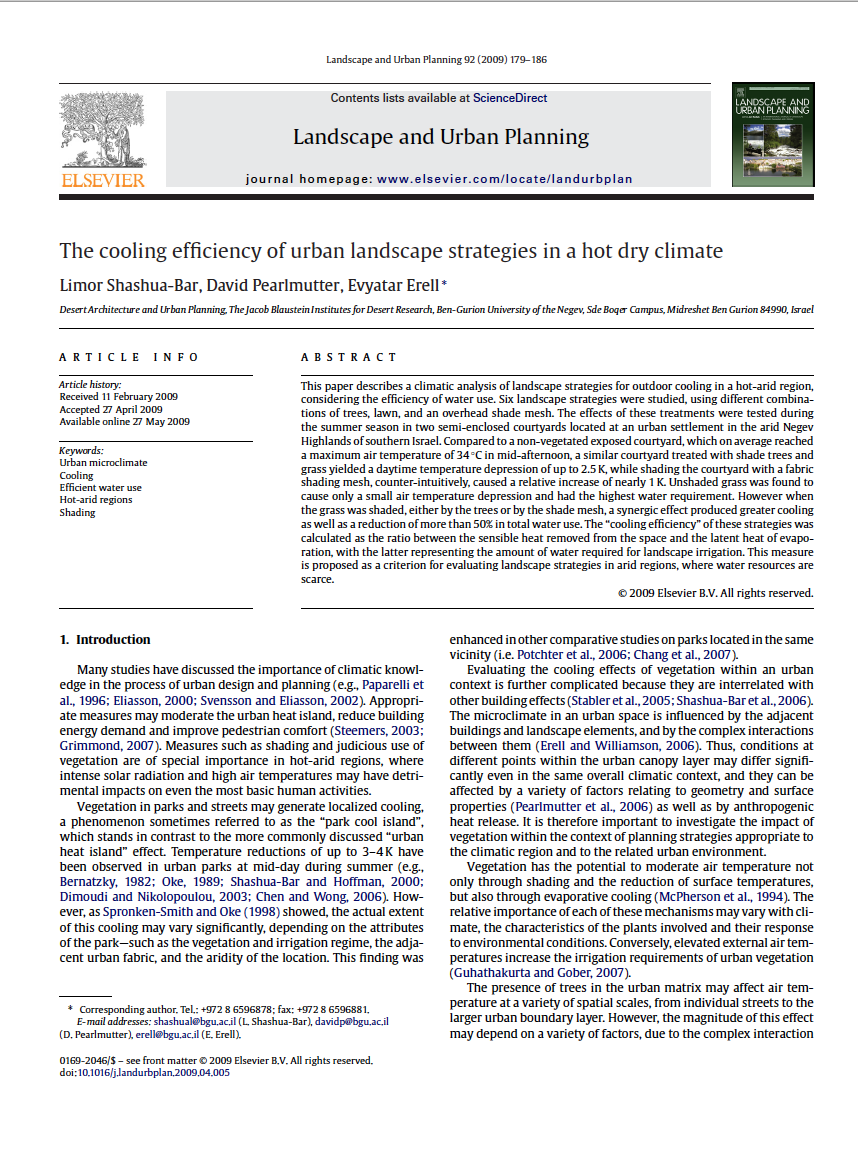 Shashua-Bar, L., Pearlmutter, D. & Erell, E. The cooling efficiency of urban landscape strategies in a hot dry climate. Landscape and Urban Planning 92, 179–186 (2009).