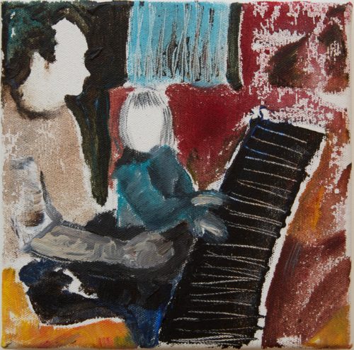 Vader met kind bij piano Werk op doek, 2018 30 x 30 cm  Gebruikte technieken: acrylverf.