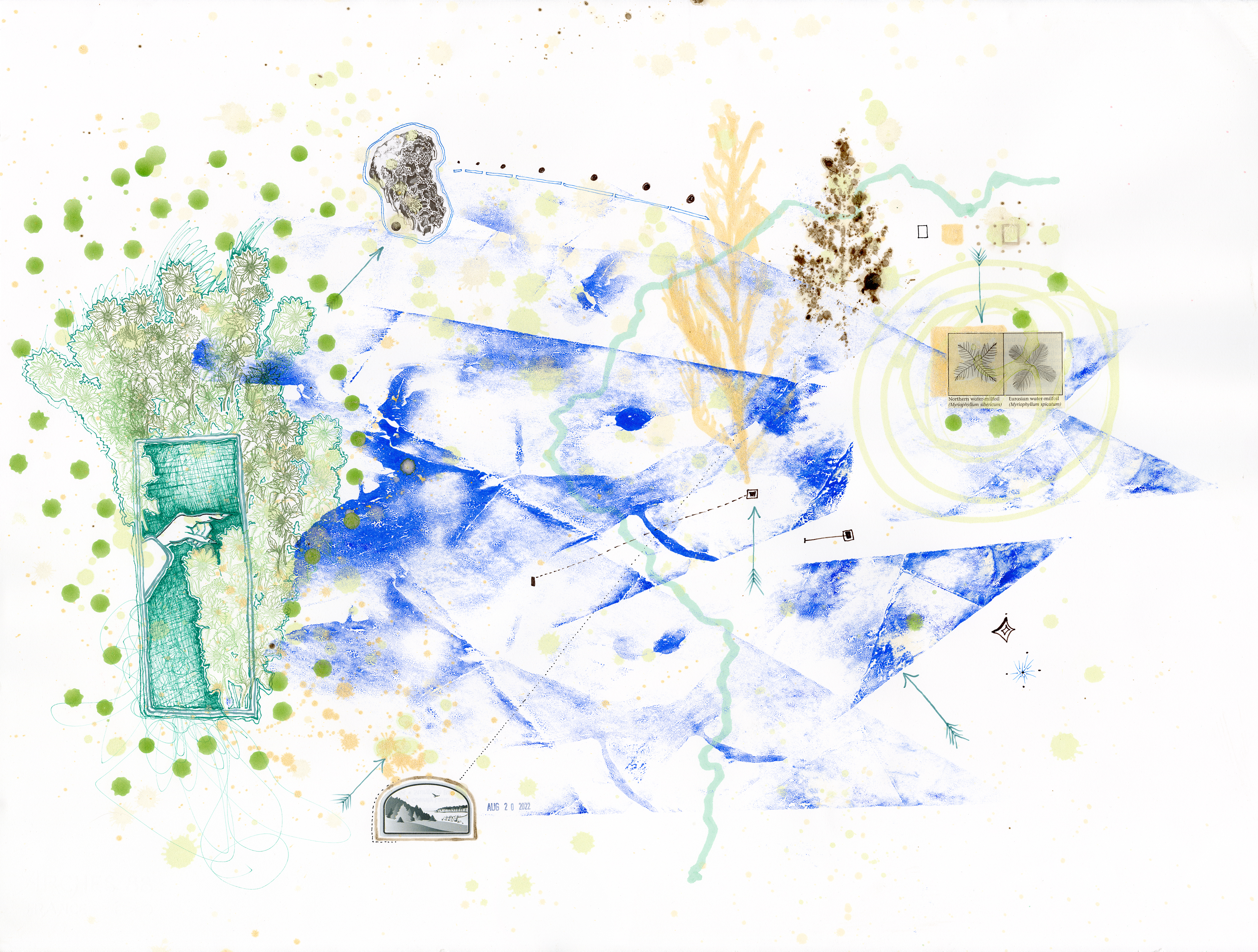 Drawing 7/56 from 56 days at the Dome House 22.5 x 30 inches, ink, Chine-collé, etching and stamps on Arches 88 paper- BUY