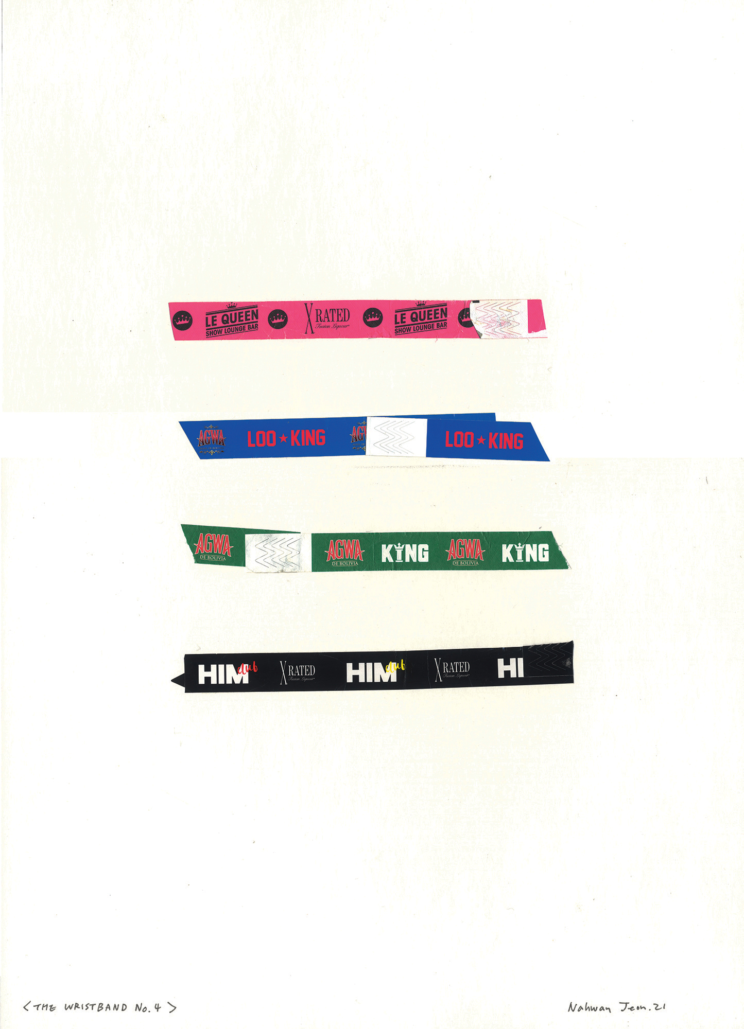 〈팔목밴드 No.4〉, 2021, 판지에 Tyvek와 비닐 재질의 커스텀 팔찌, 55 x 40cmThe wristband No.4,  2021, tyvek and vinyl custom wristbands on cardboard