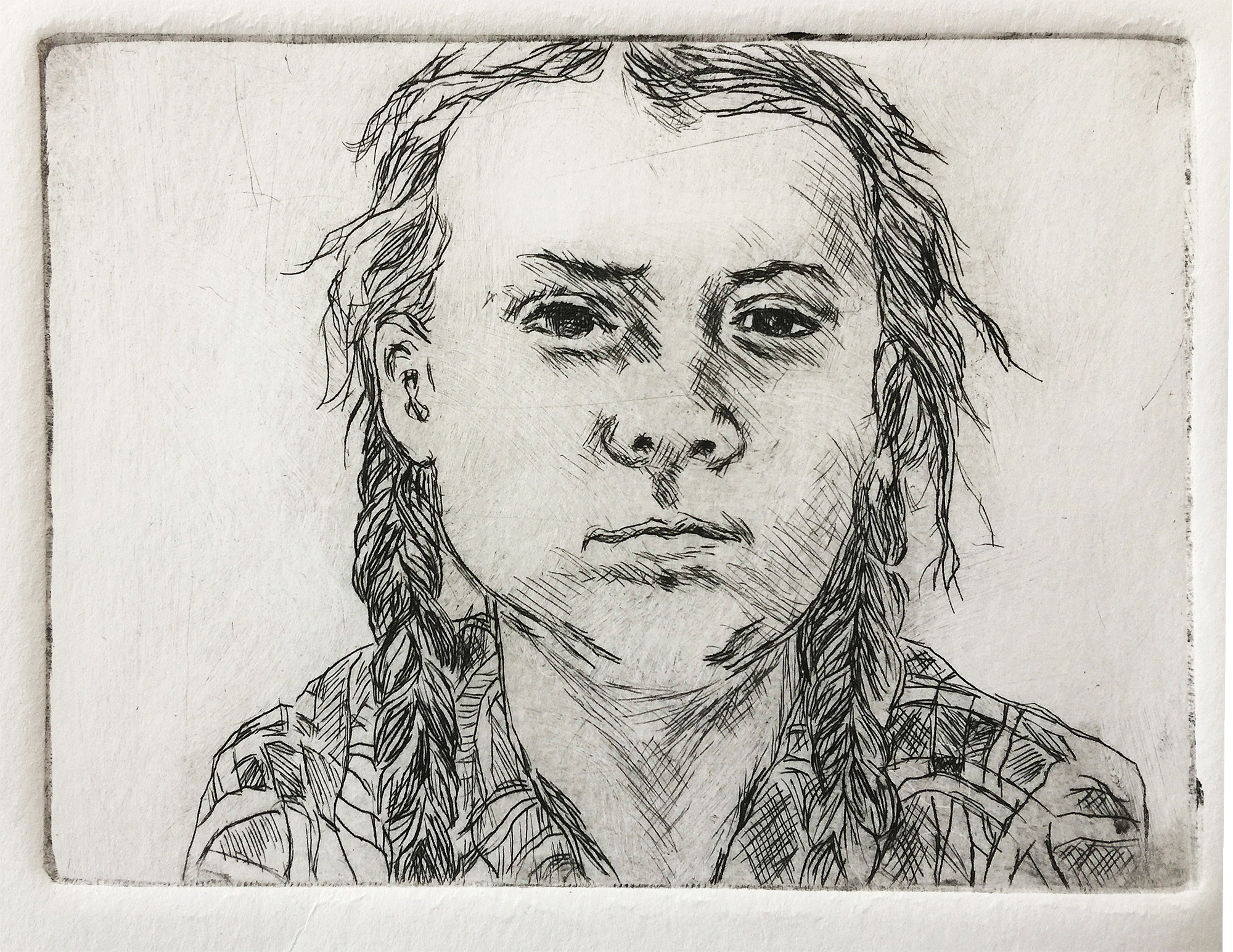 Greta, age 15, Stockholm, outside Parliament - 2019-20 - Drypoint on plexiglass Strathmore 400 paper - 4" x 5"
