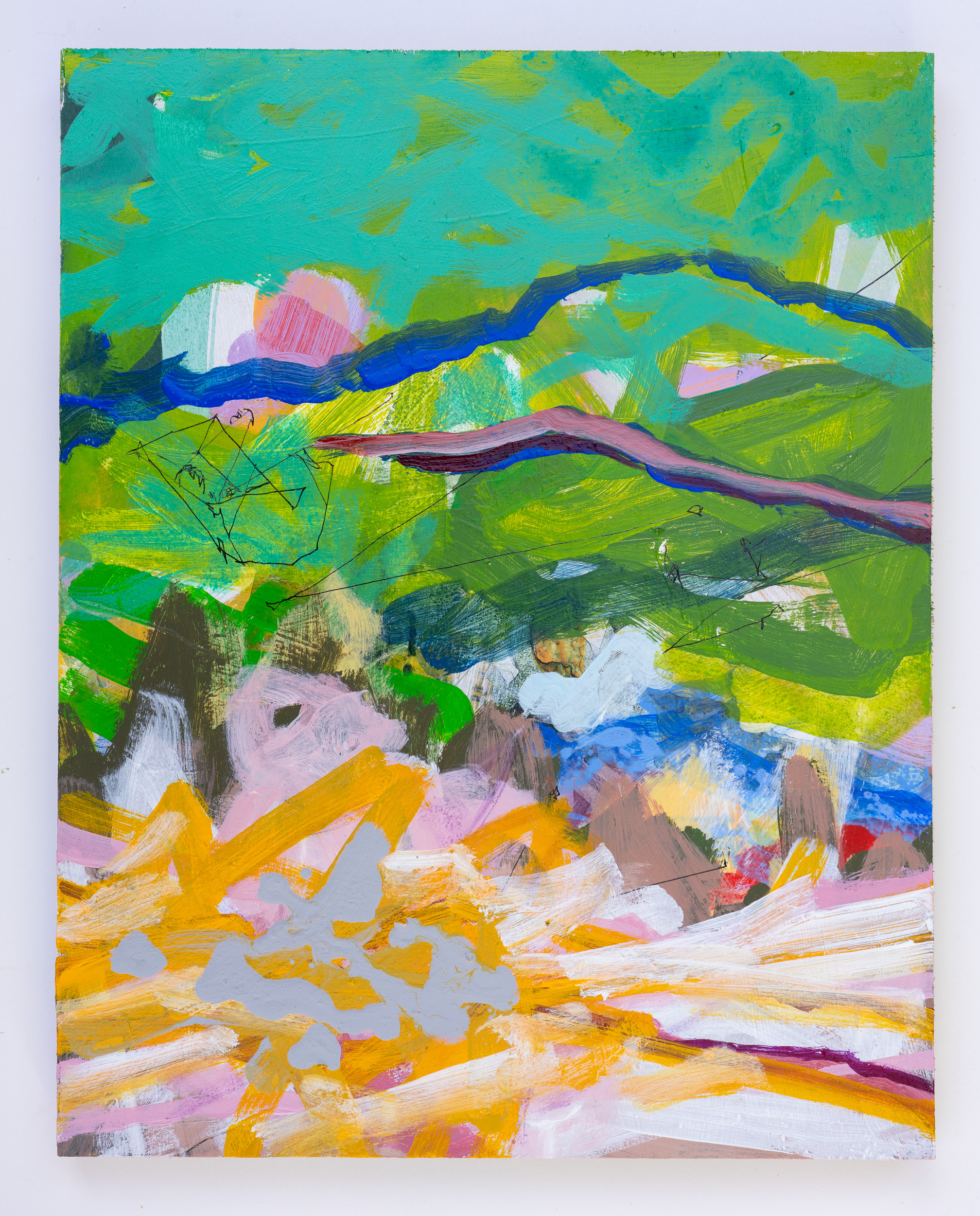 Passage (Peaks), 2025, acrylic and ink on panel, 15 x 12 inches