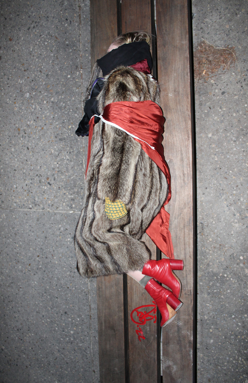  Mari in “dozen drape” styling experiment (draped deadstock zippers and various silk scraps and cotton moleskin scrap)  shot in New York, NY 2022