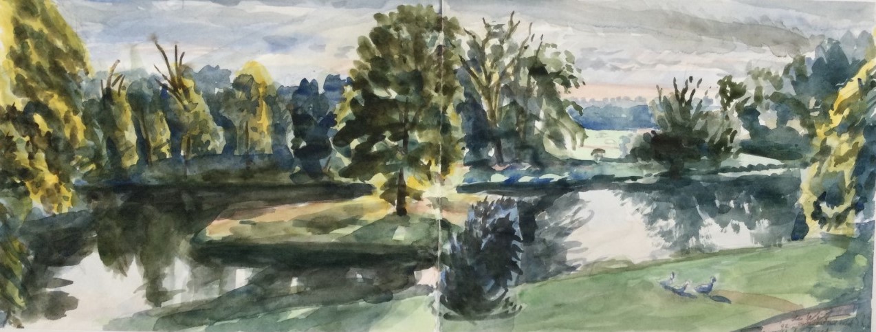 Uitzicht Hotel Den Treek, eerste morgenrood 1992 - watercolor22x53 cm