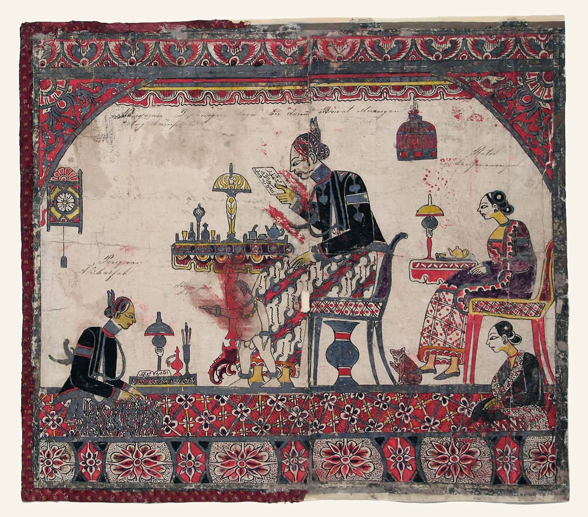 Imaginary coloured drawing of Diponegoro in Fort Rotterdam (Makassar) reading an Islamic mystical text accompanied by his wife Raden Ayu Retnoningsih and son