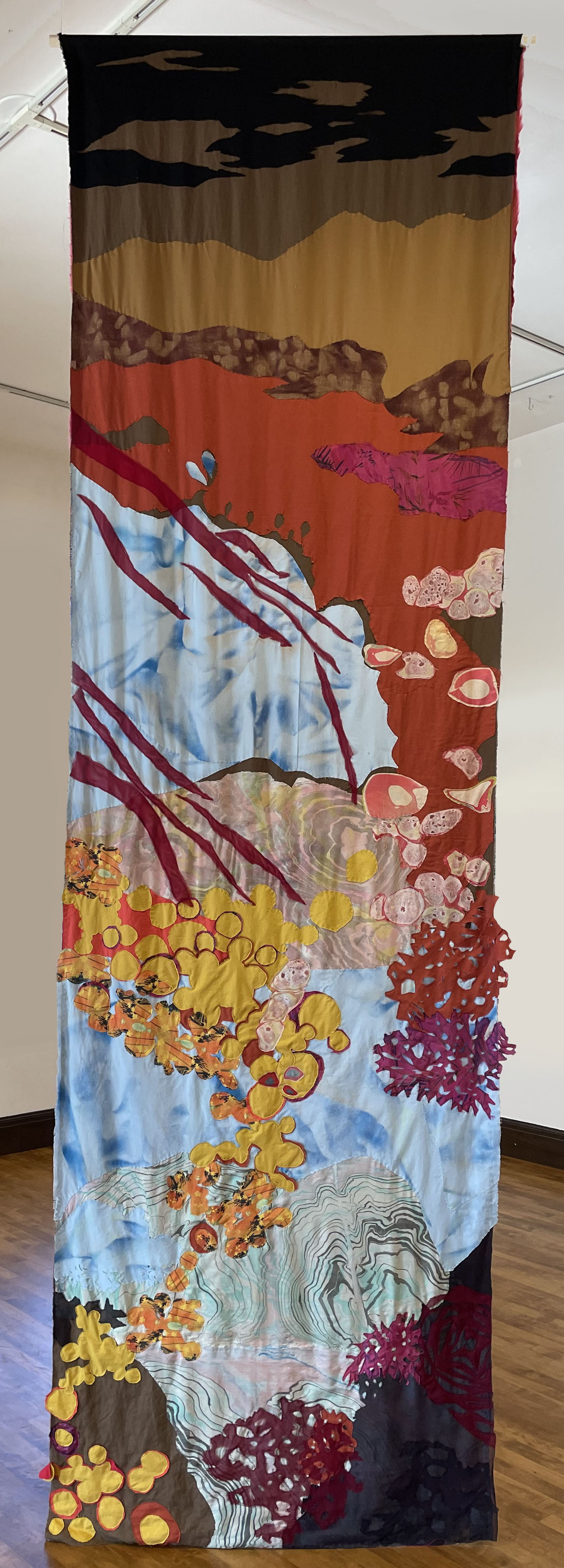 Green Valley, linen, silk, and acrylic 144”x40” 2022