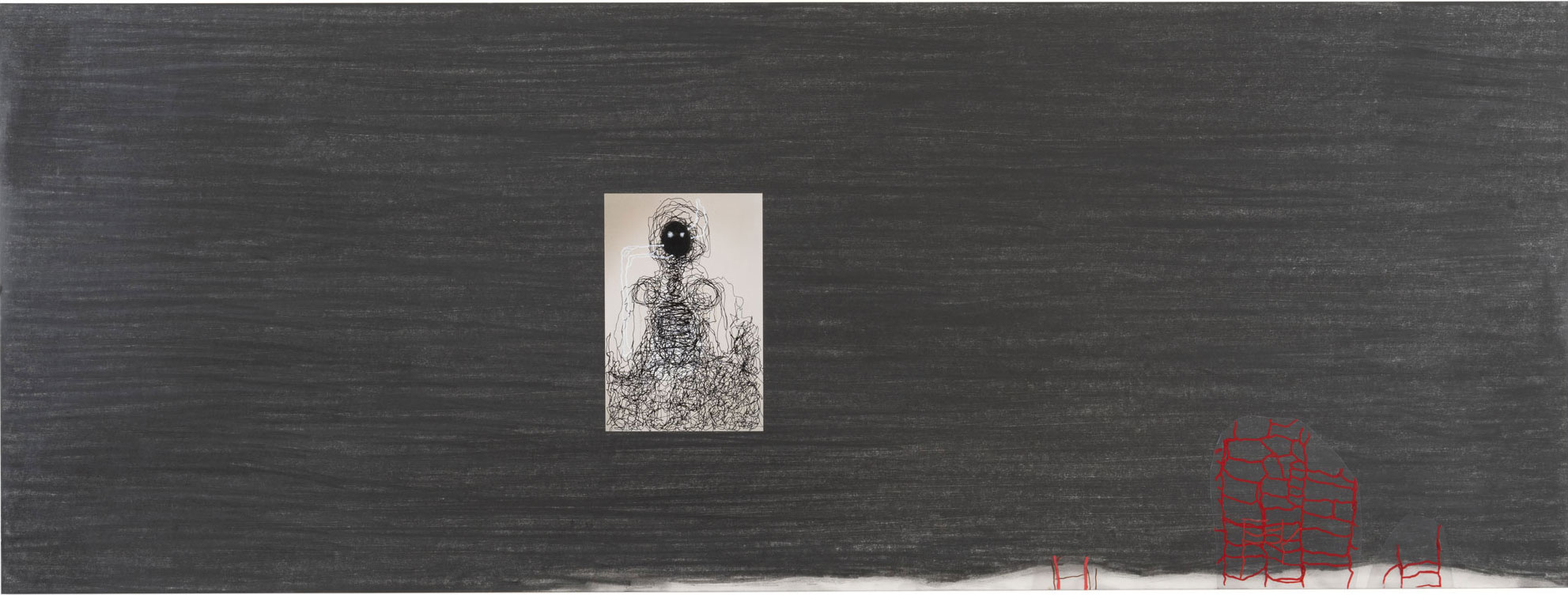 …daß dieser Mensch…, 2001/2023 gouache pen, acrylic sheet, collage, graphite on paper 60 x 160 cm