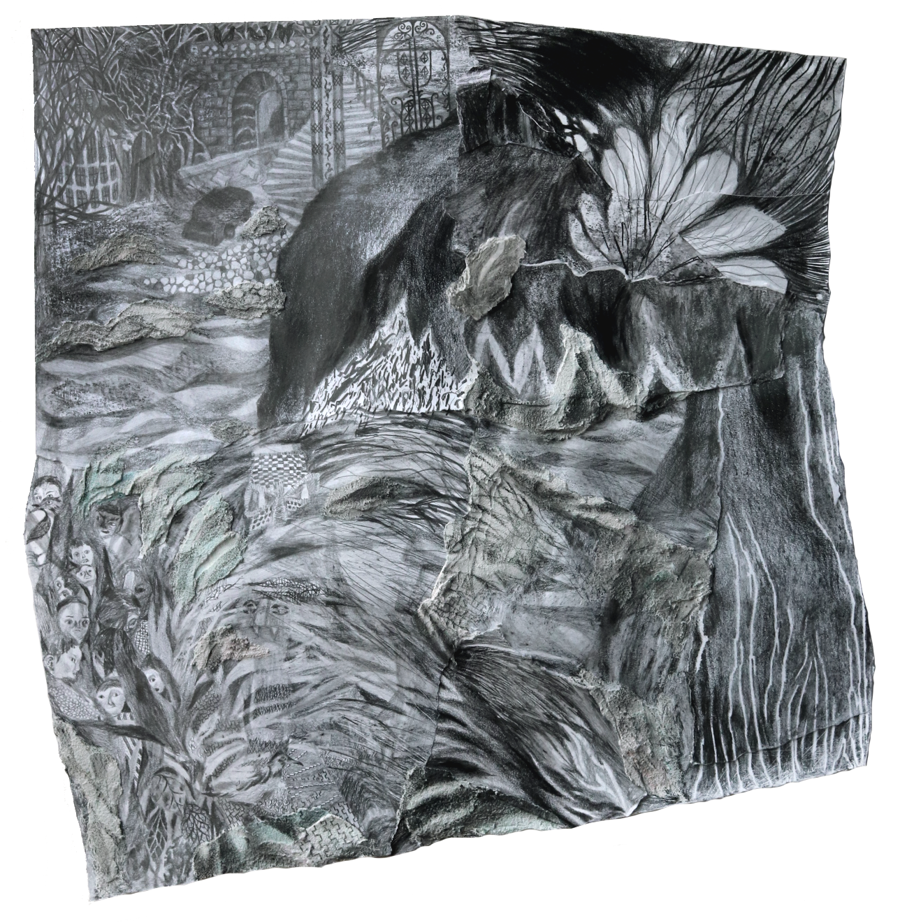 오므려 쥔 땅, 2023, 종이에 흑연, 혼합재료, 콜라주 52.5x49.5cm