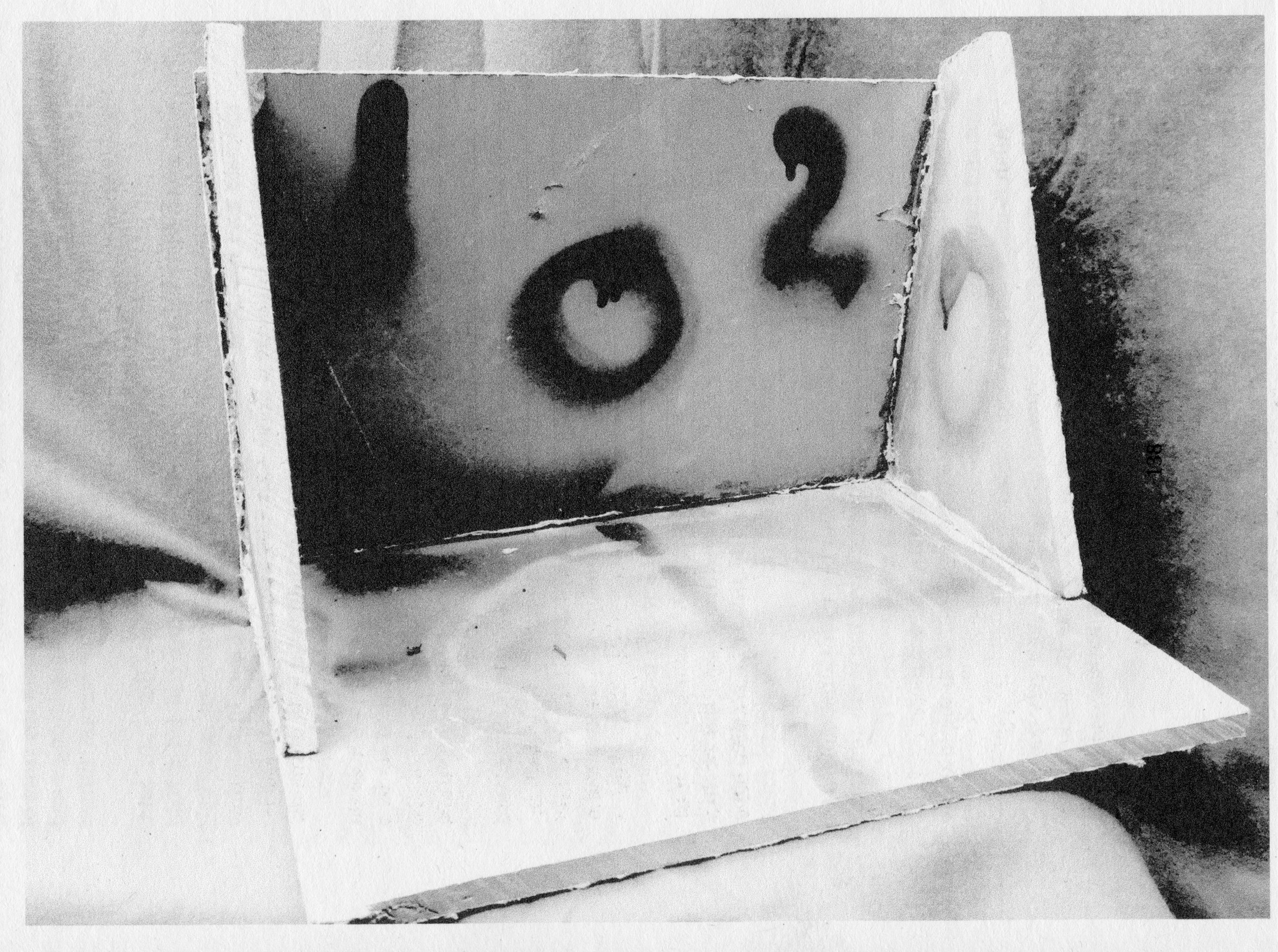 No:2 of - open_battery board & close_battery board (approx 16 x 21 x 0.75” / 10 x 9 x 12”)  4 plasterboard panels, spray paint, silicone based glue - catalogued as (approx 7 x 6” Individually) black ink on reclaimed paperback paper, 2019