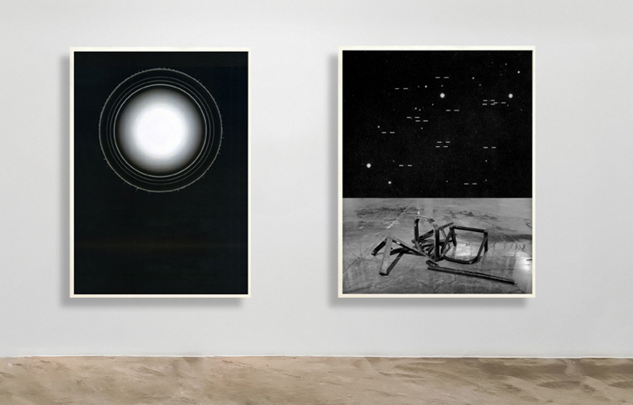 Omar Barquet, Midnight Sun , 2014. Digital print on hand modified paper, 74 4/5 × 52 1/10 inches. Hidden Words, 2014. Digital print on hand modified paper, 74 4/5 × 55 1/10 inches.