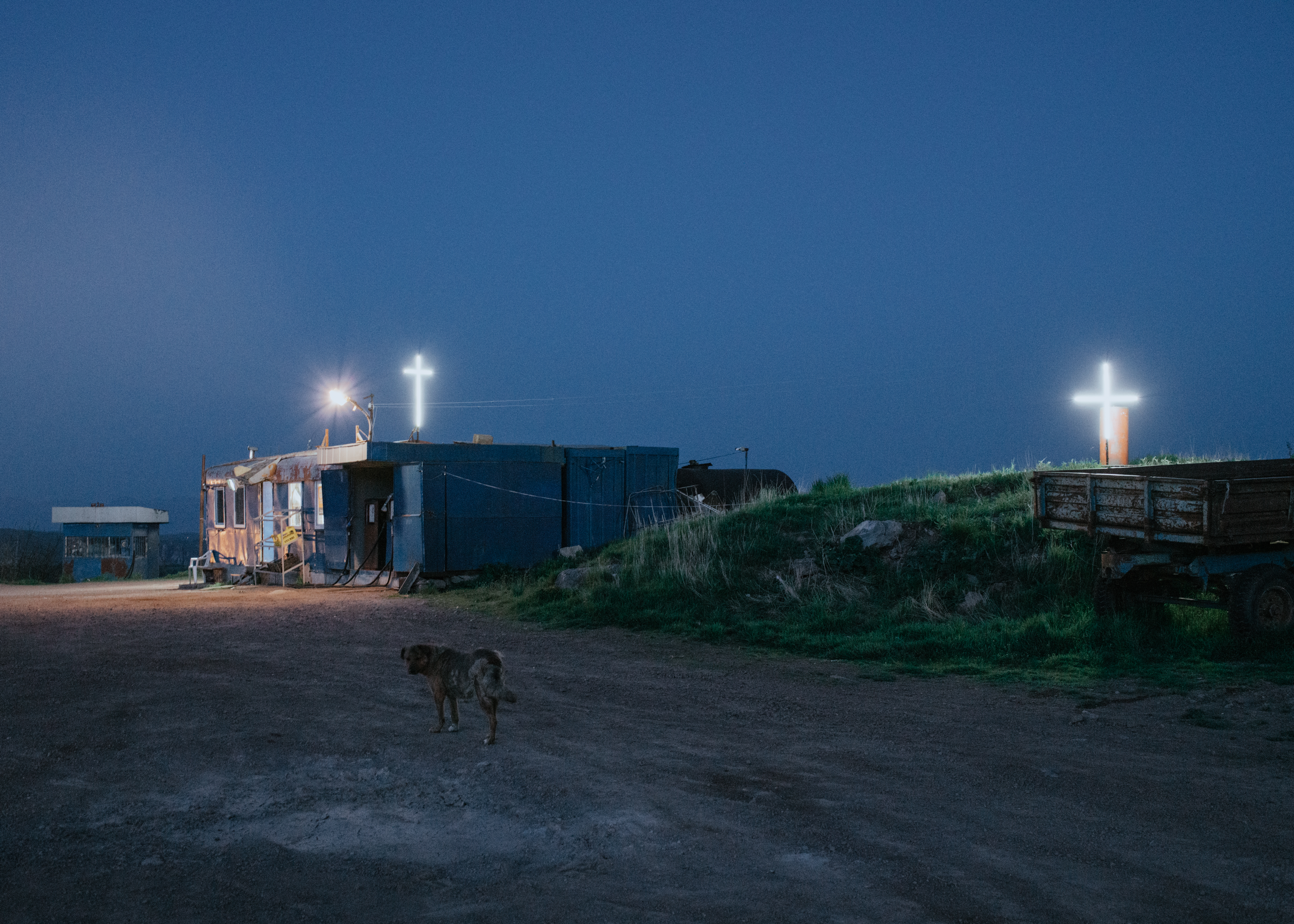 A small shop with LED-lit crosses on the main road close to Goris, in the Syunik region, which borders Azerbaijani territory on both sides.