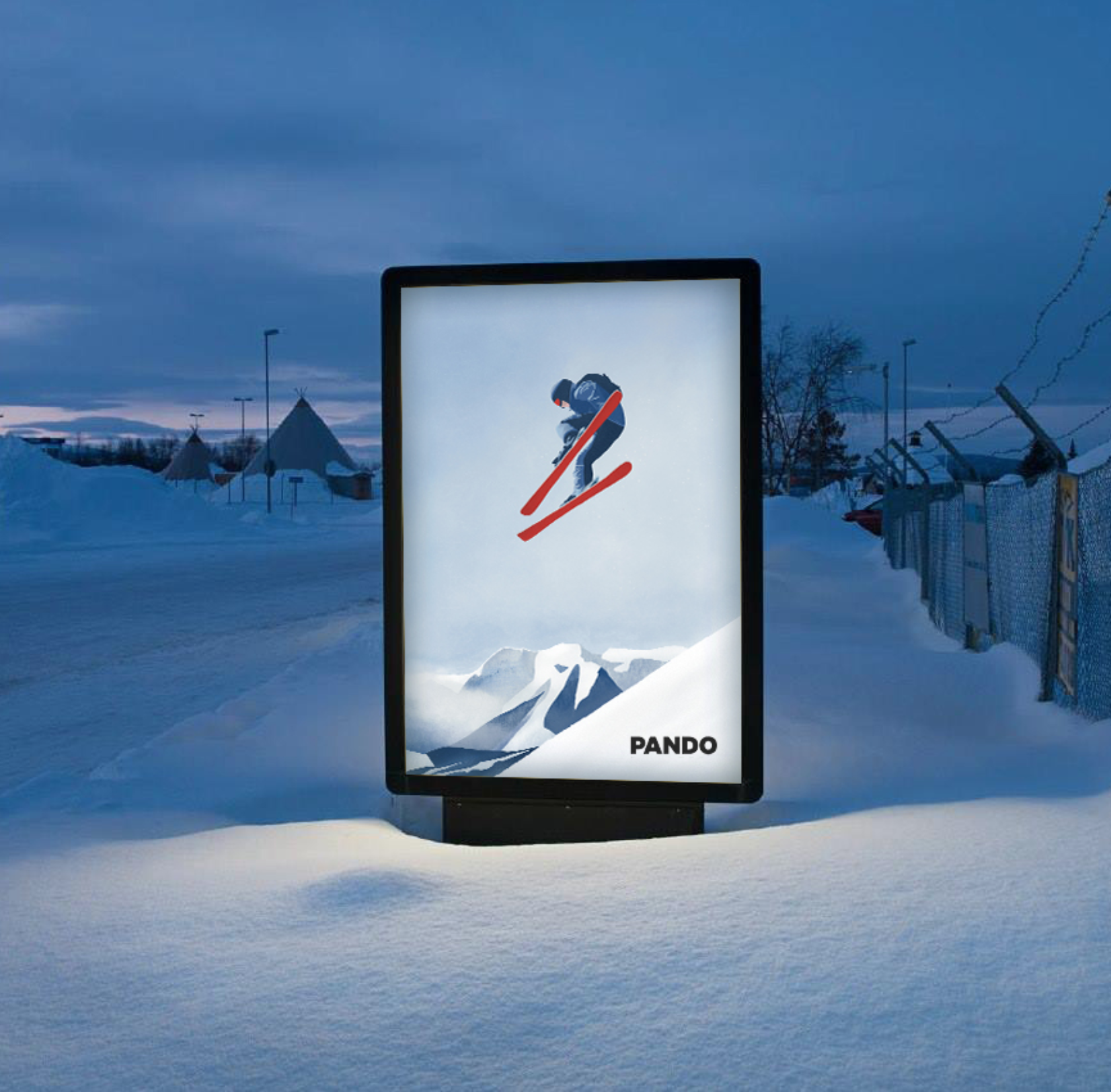 Vintage inspired skiing poster for a gear consignment shop in Provo, UT called Pando Refitters