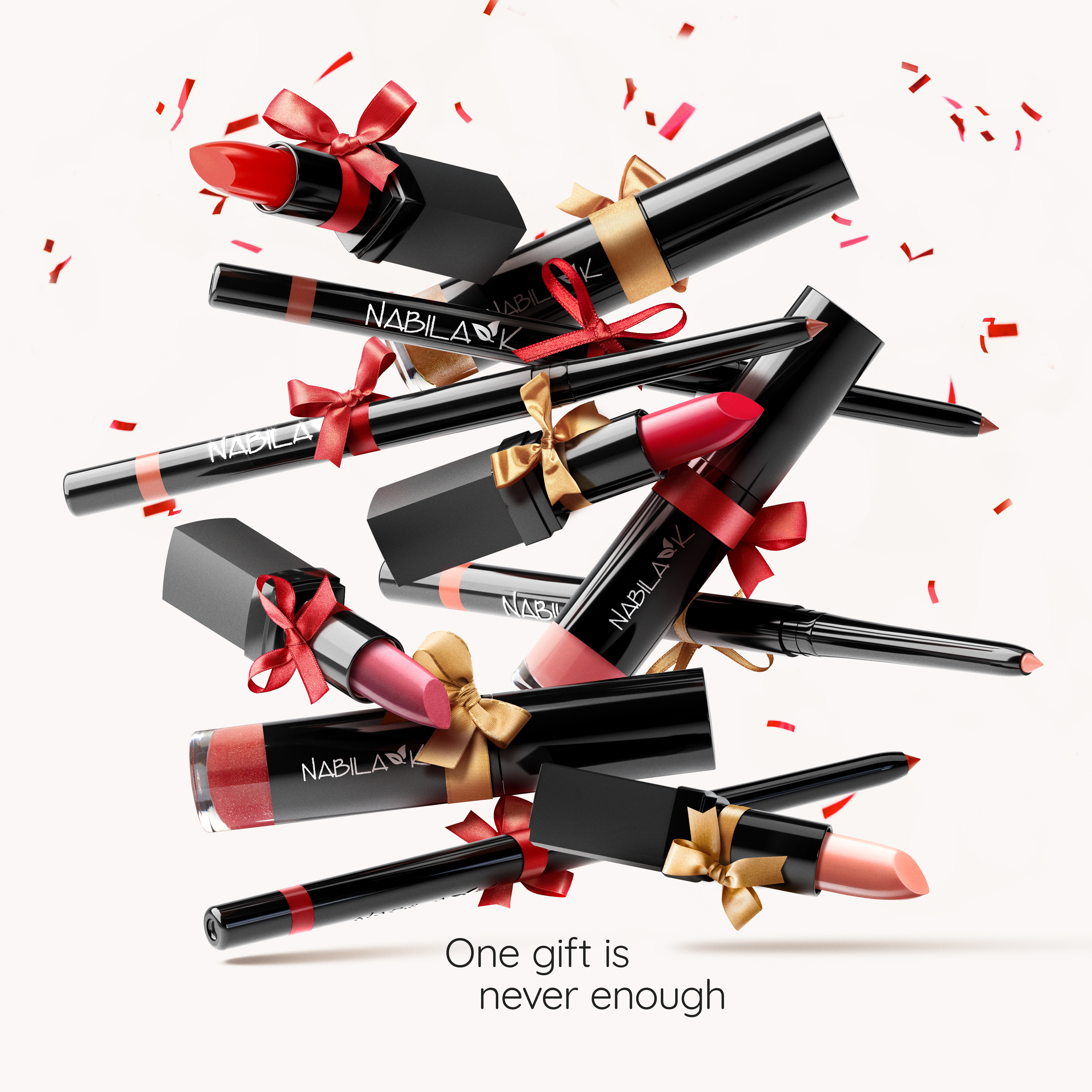 New year media campaign for the Nabila K makeup line. Cosmetic product photography. Makeup product styling. Created by Eclectic M Studio.