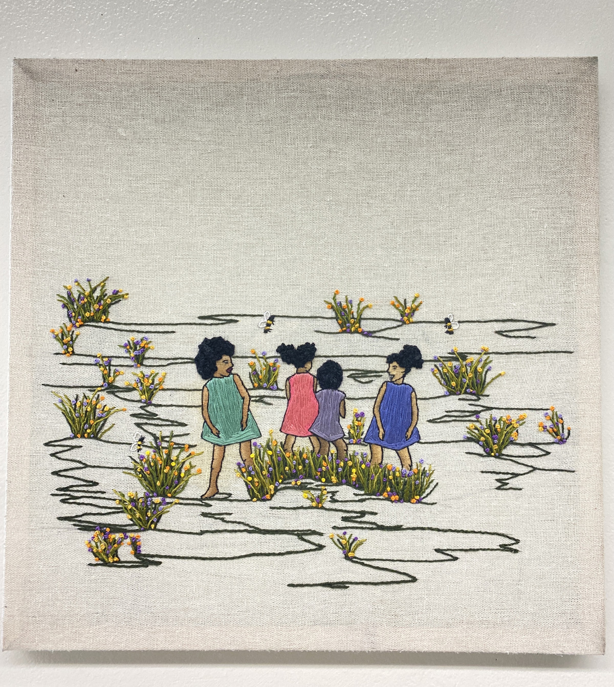 For Colored Girls Who Find It Difficult to Exist, Oil and embroidery on linen, 2020, 14x14 inches