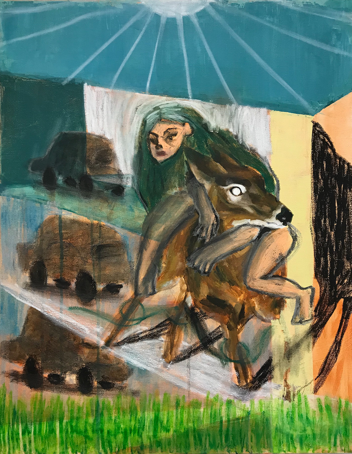 Eve Hitching a Ride, 2019. Acrylic and oil pastel on canvas, 22"x28".