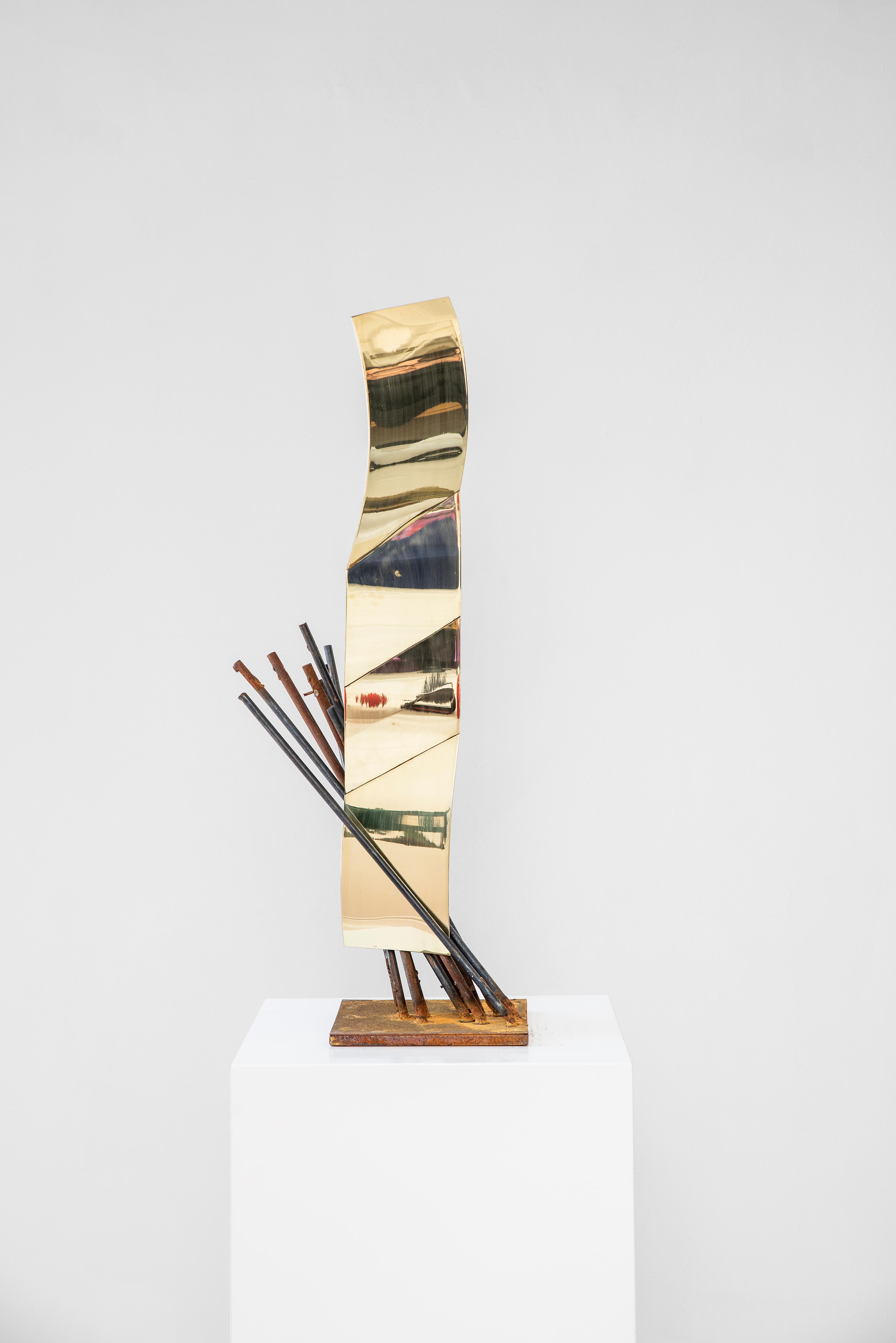 Another Side III, 2020, Rusted mild steel, brass, 90 × 23 × 24 cm