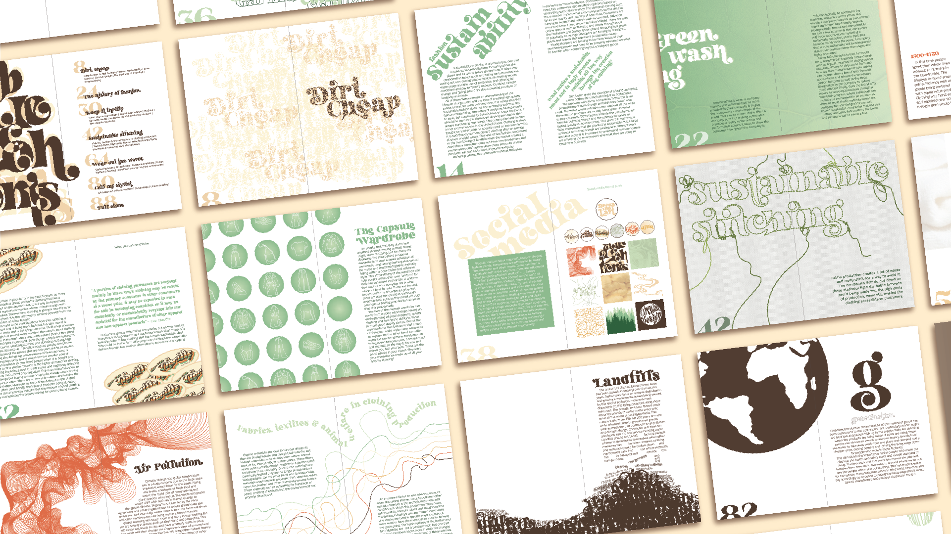 This image shows a grid of book pages from the publication Dress the Part, 3 up and 4 across. Each spread of pages shows a different topic covered in the book.