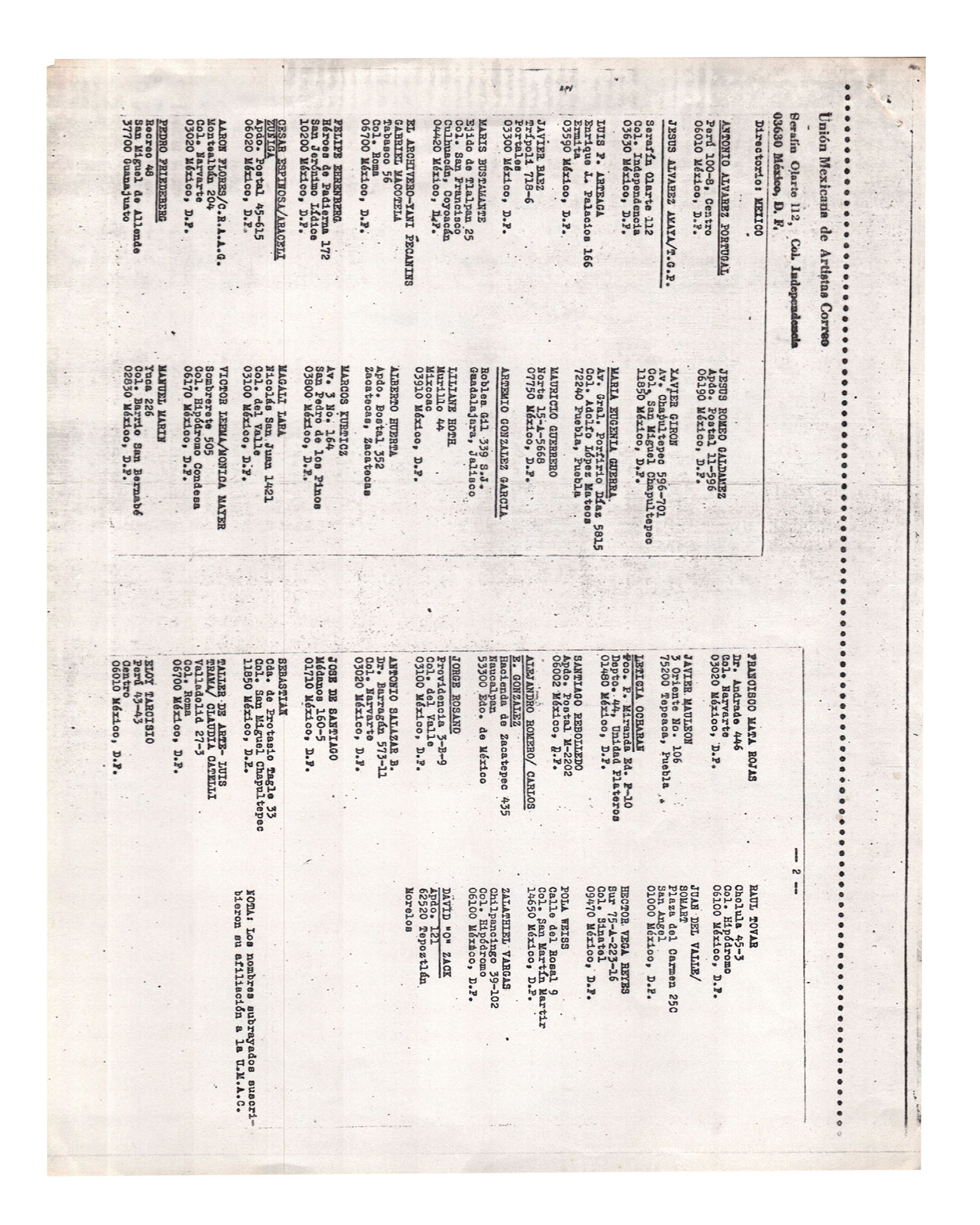 Directorio UMAC, UMAC, Texto, 1986