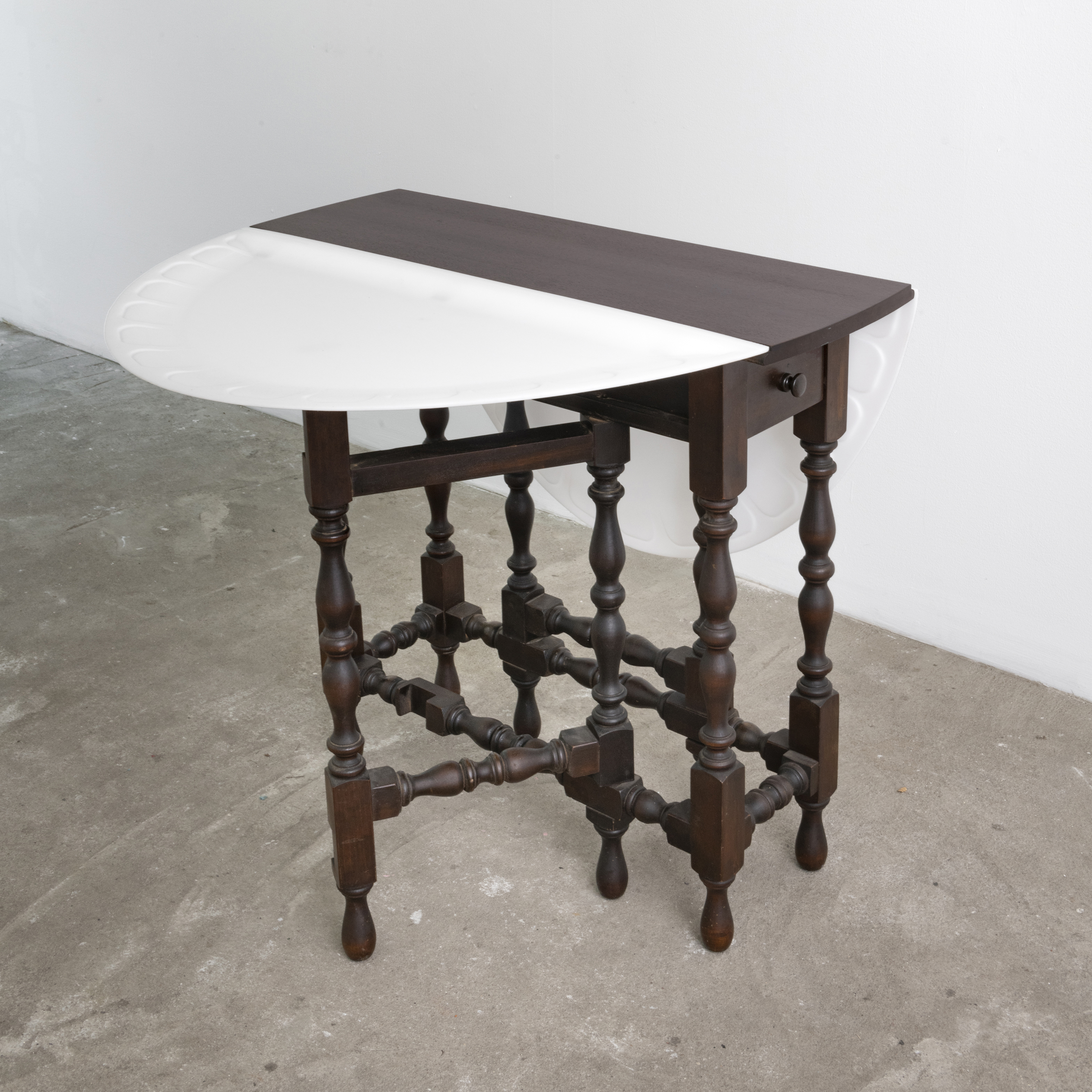 Wounded Table (half-open), 2020, antique Maddox table and high-density polyethylene, 29 x 32 x 43.5 in
