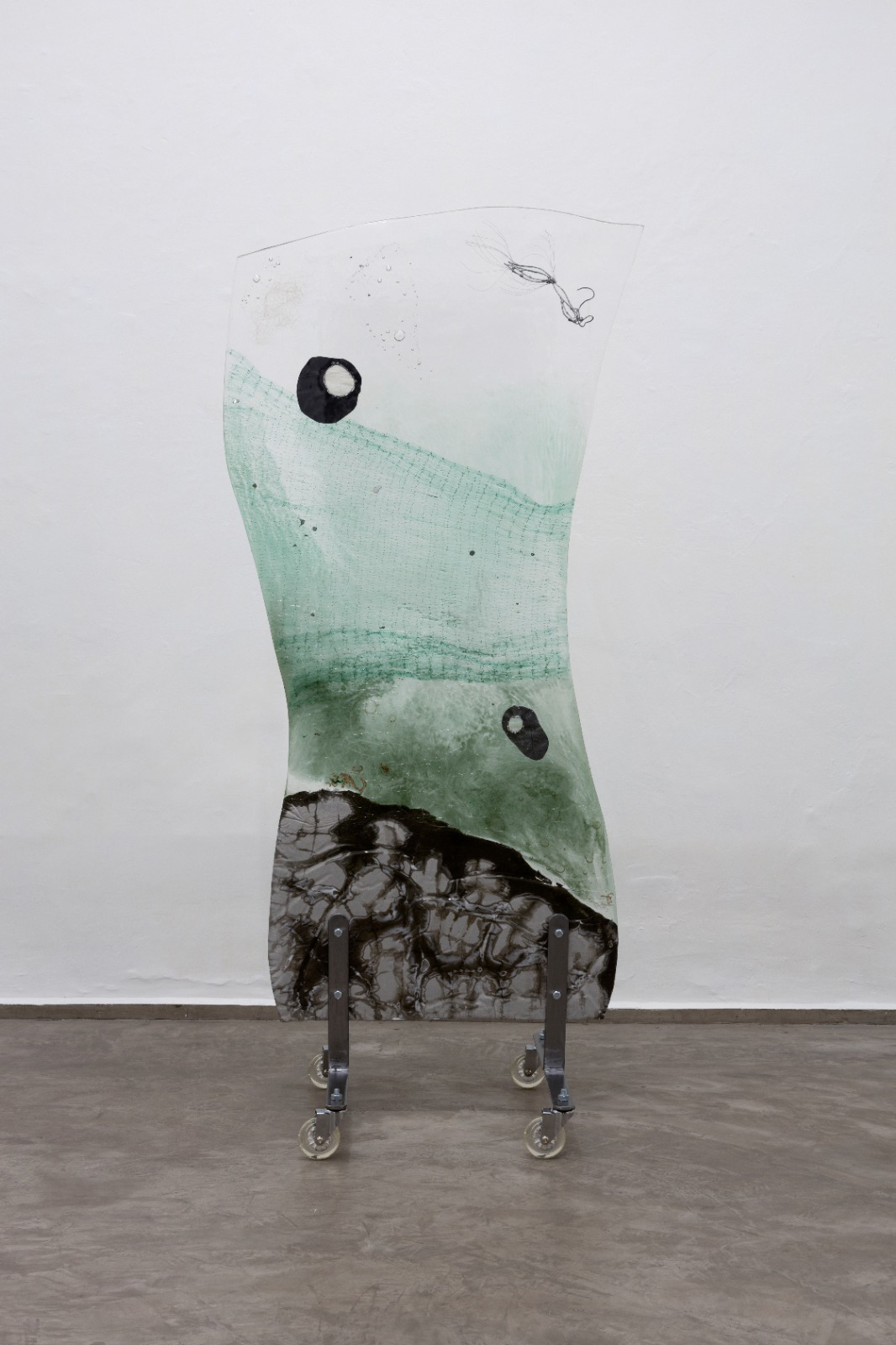  MaVG001 Mar&iacute;a Naidich & Valentina Guerrero, Cuando t&uacute; y yo tomamos un vaso de agua, 2024, Epoxy resin, plastics, cement, ceramic, lead, glass, natural and synthetic hair, copper, steel, and acrylic wheels. Seven panels of varying dimensions. 