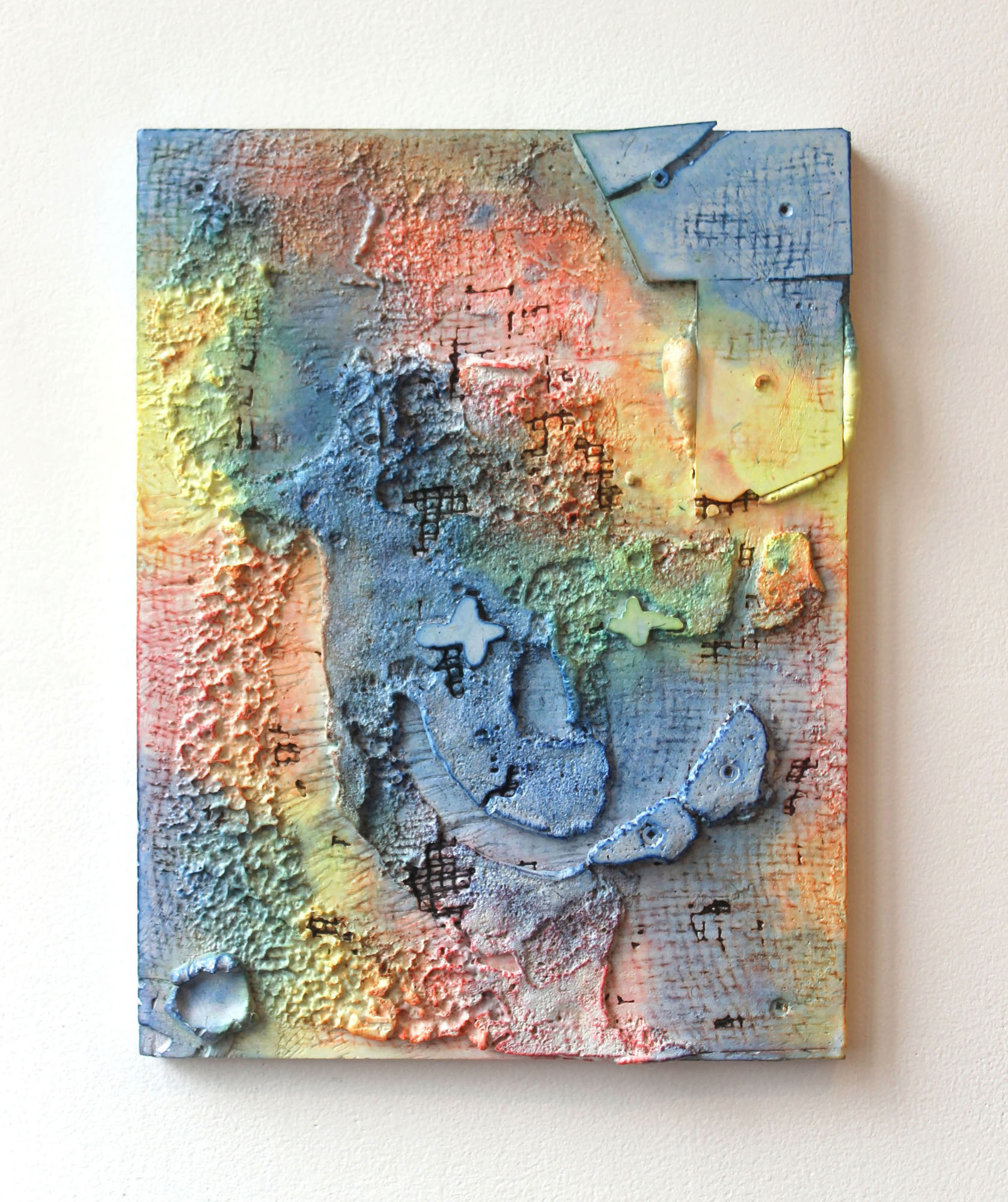 A Sh-sh-haak-k-k-ky He-ll-l-l-o, 2019, Plaster, burlap, urethane dye, hardware, 15 x 12 inches