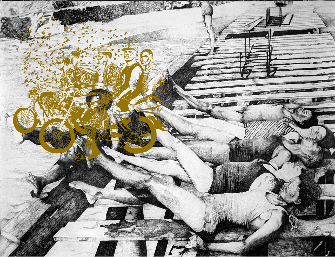 Les soeurs Chevalme, Mama Whita#5, 2024, Dessin au feutre et dessin superposé en sérigraphie saupoudré de paillettes dorées sur papier japonais, 50 x 65 cm, Courtesy Galerie 8+4