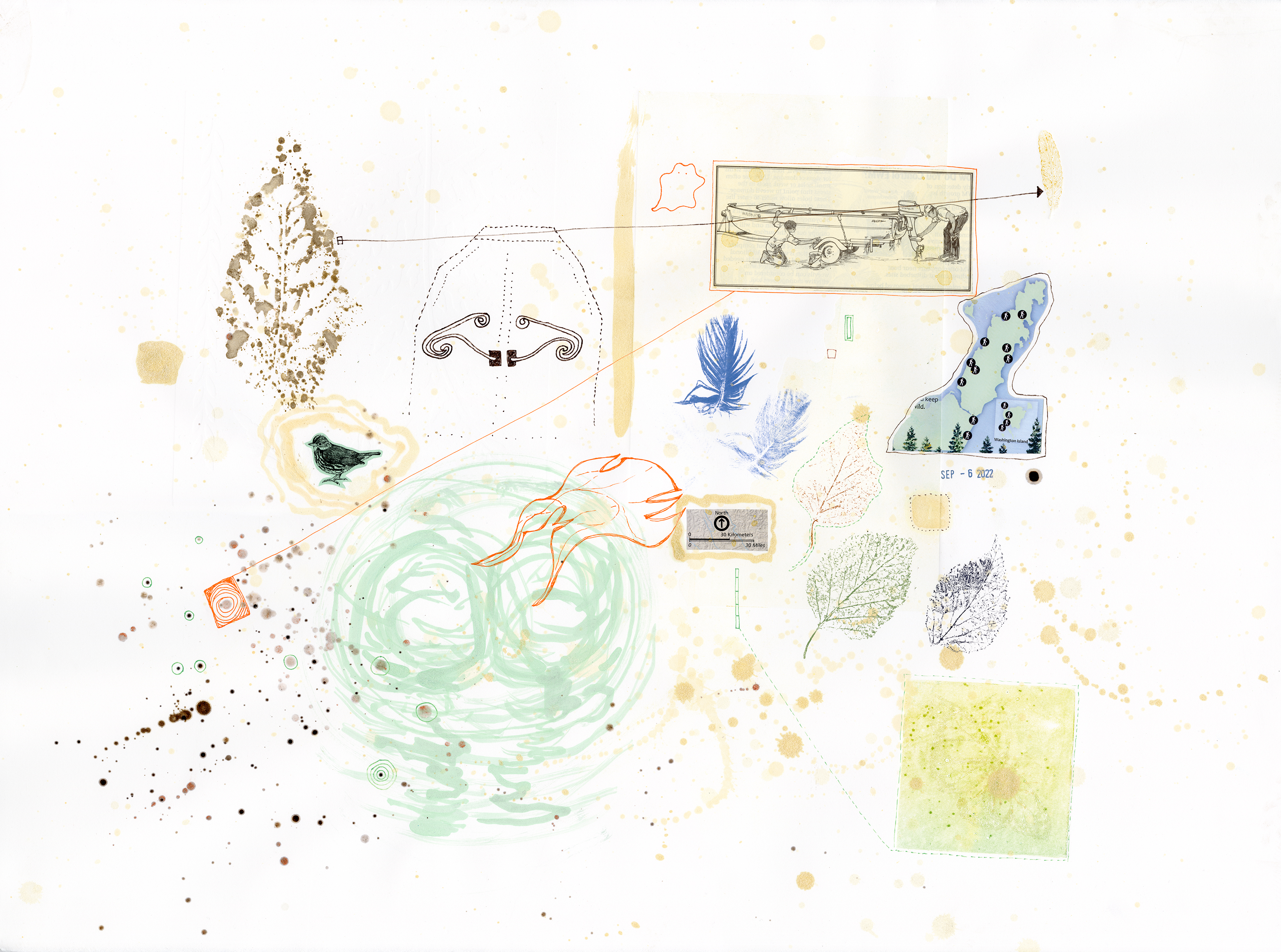 Drawing 24/56 from 56 days at the Dome House 22.5 x 30 inches, ink, Chine-collé, etching and stamps on Arches 88 paper- BUY