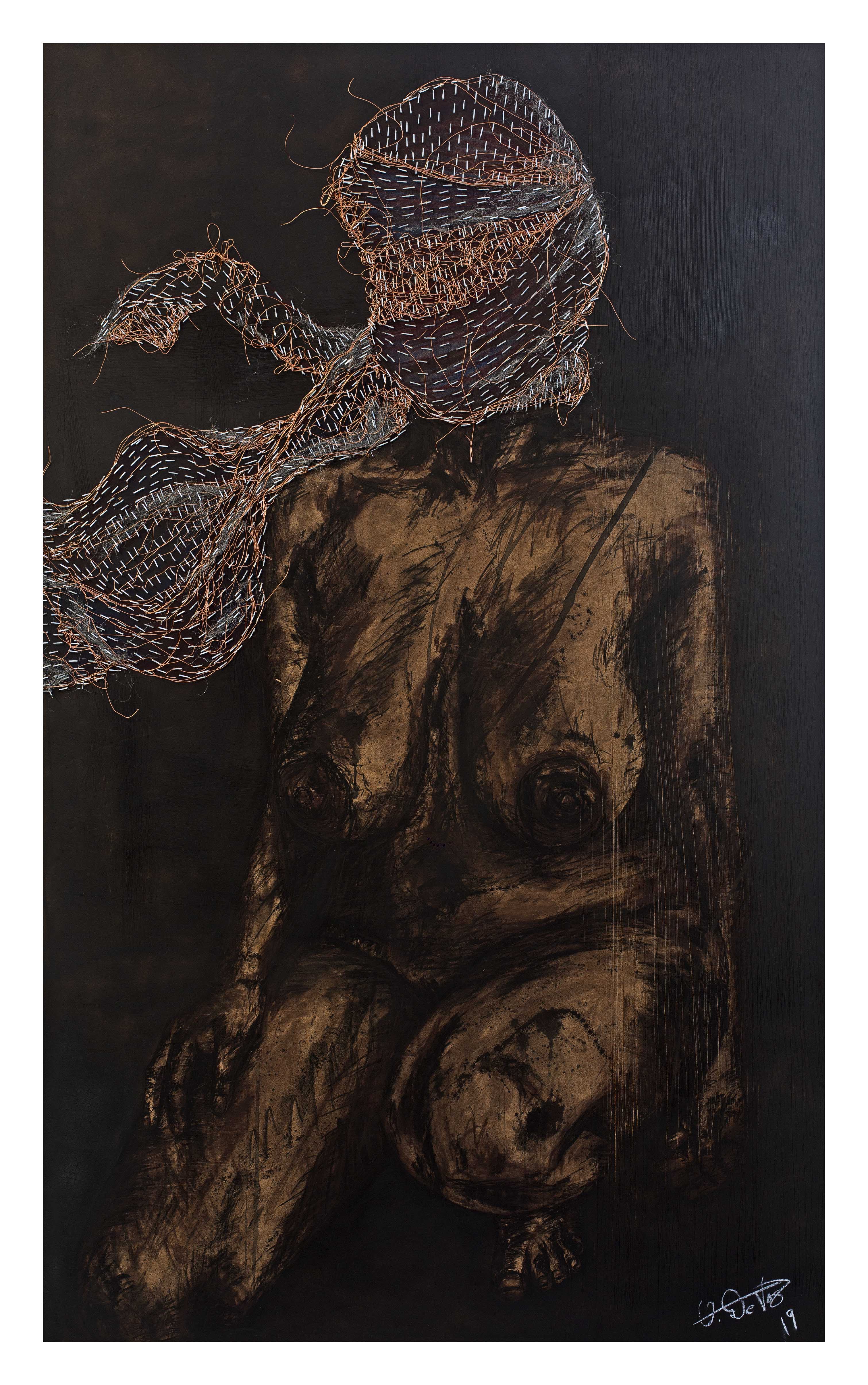 Olwethu de Vos, What happens won't always stay in the dark, 2020, 159 x 99 cm, Pastel, charcoal, staples, copper and blow torch on board, R21,600.00