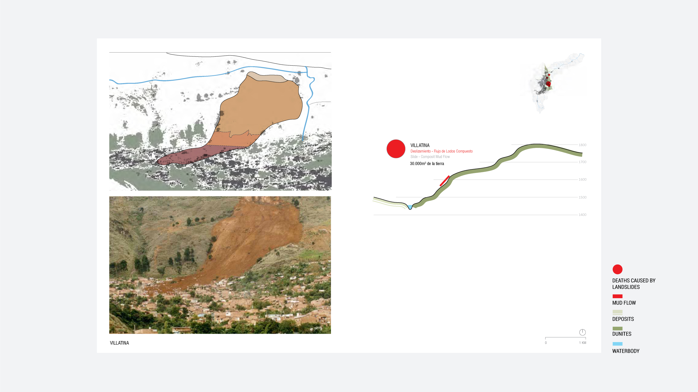 Figure 12. A photograph of the aftermath of the Villatina landslide reveals the striation in unstable soils and dunite bedrock, which were separated after the ground was inundated due to a clogged drainage system and a series of heavy rains. Although the area was not large, the slope’s heavy occupation made this the deadliest landslide in memory. (Echeverri, et al., 2012)