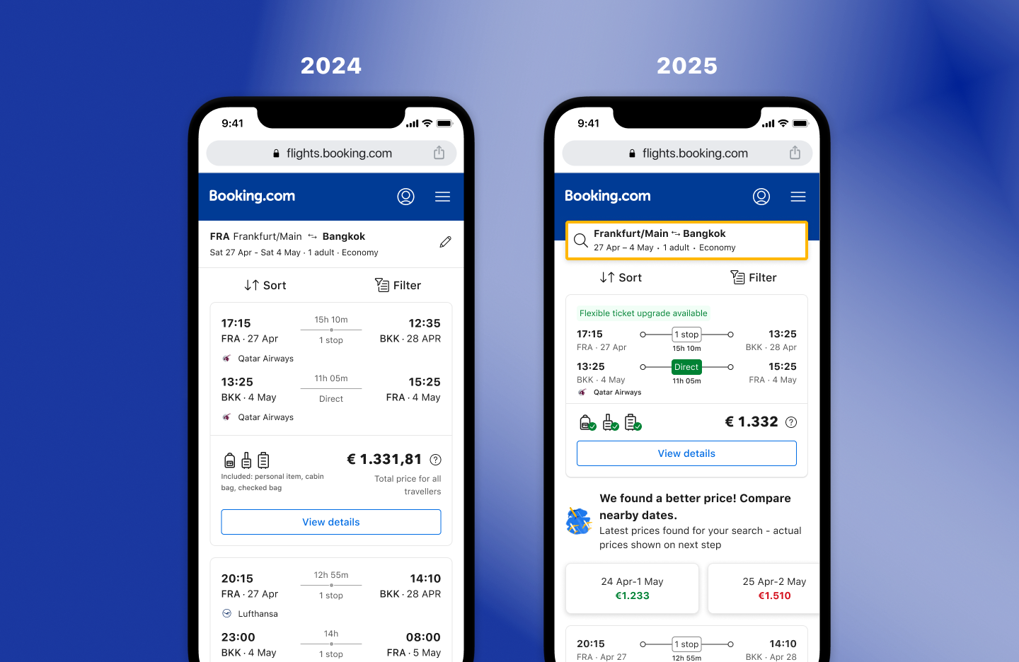 Booking.com Flight search experience differences from 2024 to 2025