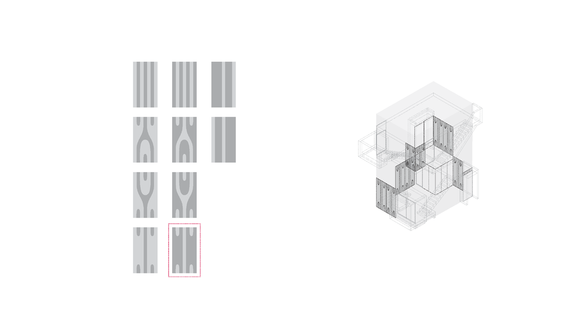Place the most opaque fritted glass panels based on the program (bedroom, bathroom, etc.) and sun direction
